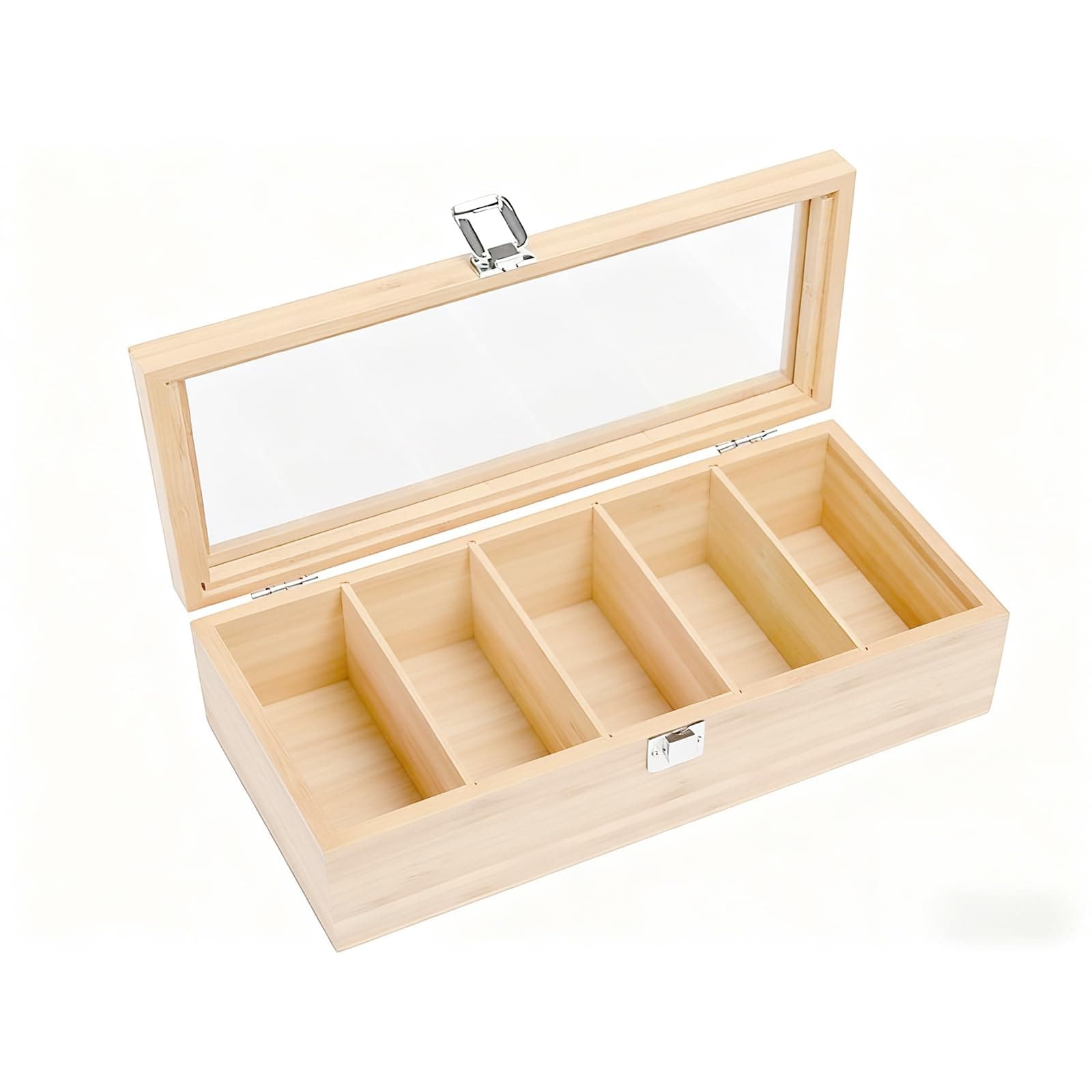 Tea Box Bamboo, 5-Compartment Multifunctional Wooden Tea Storage Box with Transparent Lid (30x10x9cm)