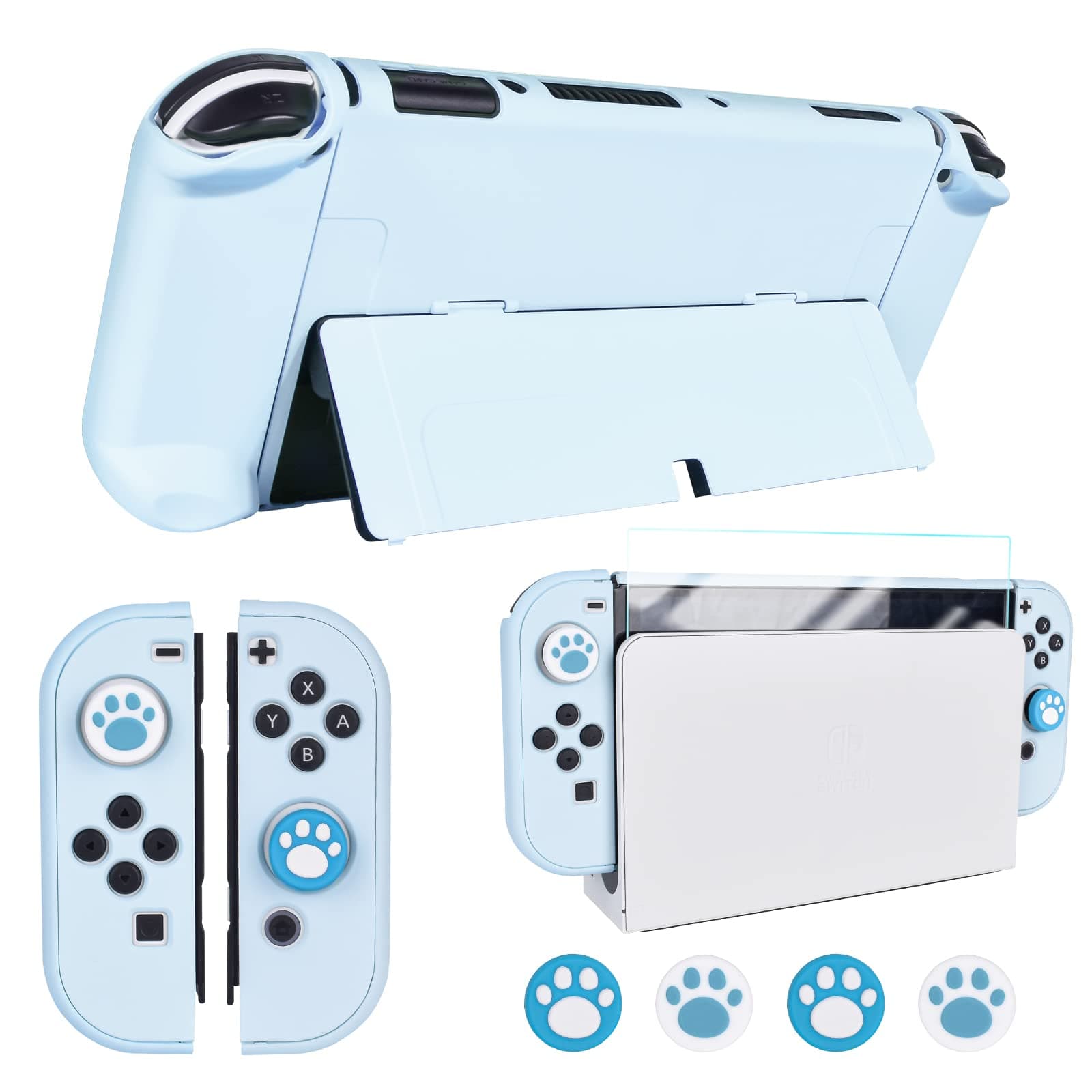 DLseego Protective Case Design for Nintendo Switch OLED Joy-Con Controllers New Model 2021 with Glass Screen Protector and 4 Cute Thumb Grip Caps, Anti-Scratch Baby Skin Touch Grip Cover – Blue