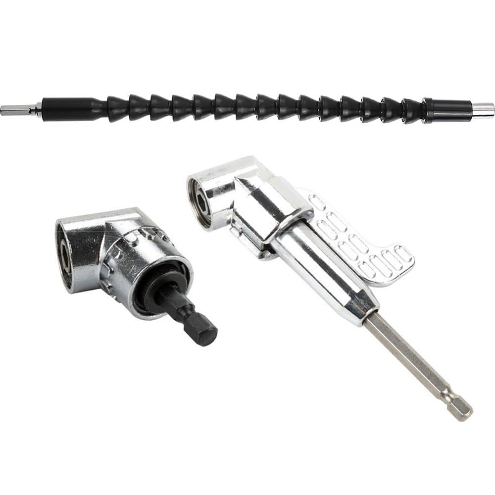 OCGIG 3 Pcs 105 Degree Right Angle Drill Attachment Hex Shank Screwdriver Angled Bit Holder Power Drill Tool and Flexible Angle Extension Soft Shaft Bit Kit for Drill or Driver 1/4" Socket Adapter