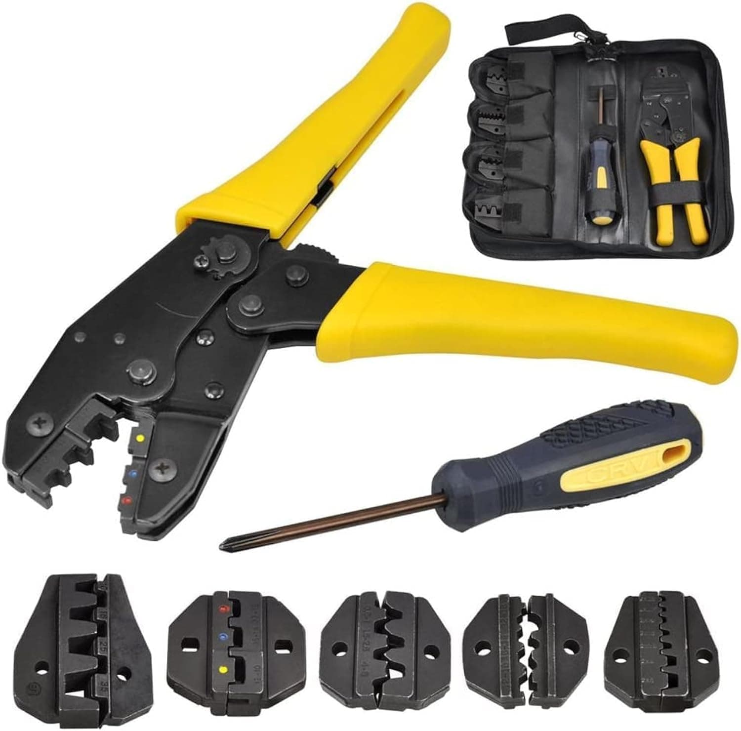 COOLBABY 7 PCs Crimping Tool Kit for Different Terminals with 5 Interchangeable Die Sets 0.5-35mm 2 Packed with Bag