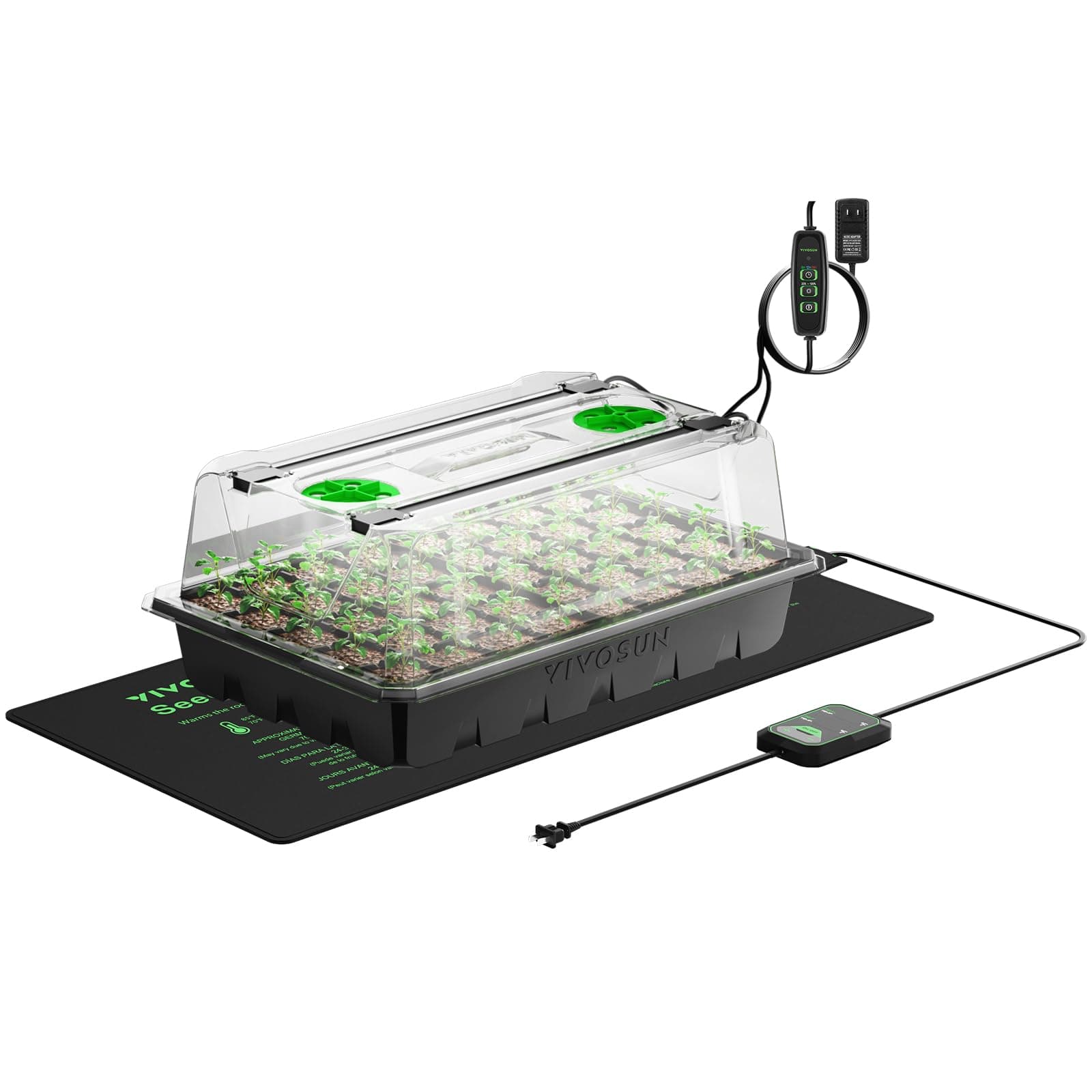1-Pack 40-Cell Seed Starter Trays with 1 Set of LED Lights and 10"x20.75" Seedling Heat Mat, 3.6" Higher Cover, Adjustable Vents, Drainage Holes, Green Propagation Tray for Planting Seeds