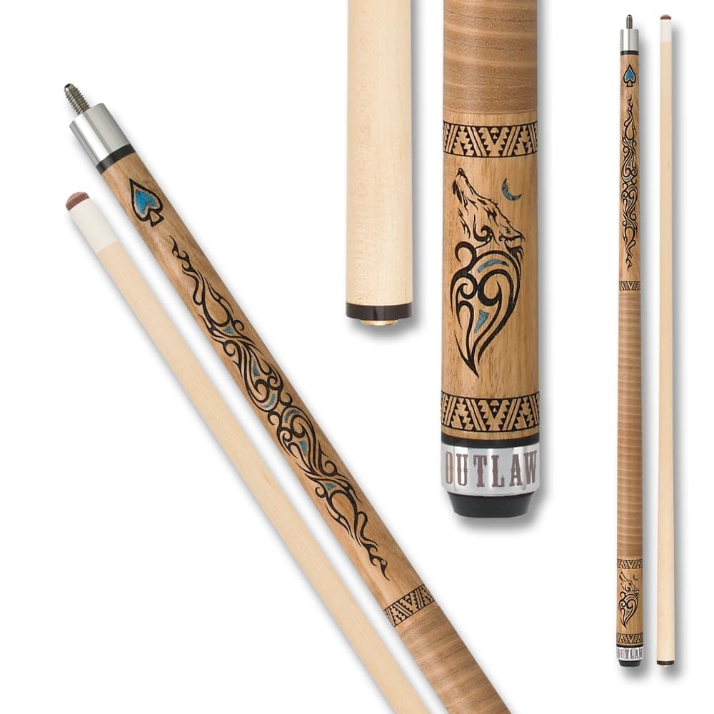OUTLAW OL33 Thunder Pool Cue - Brown Stained Maple with Wolf Design and Hints of Turquoise