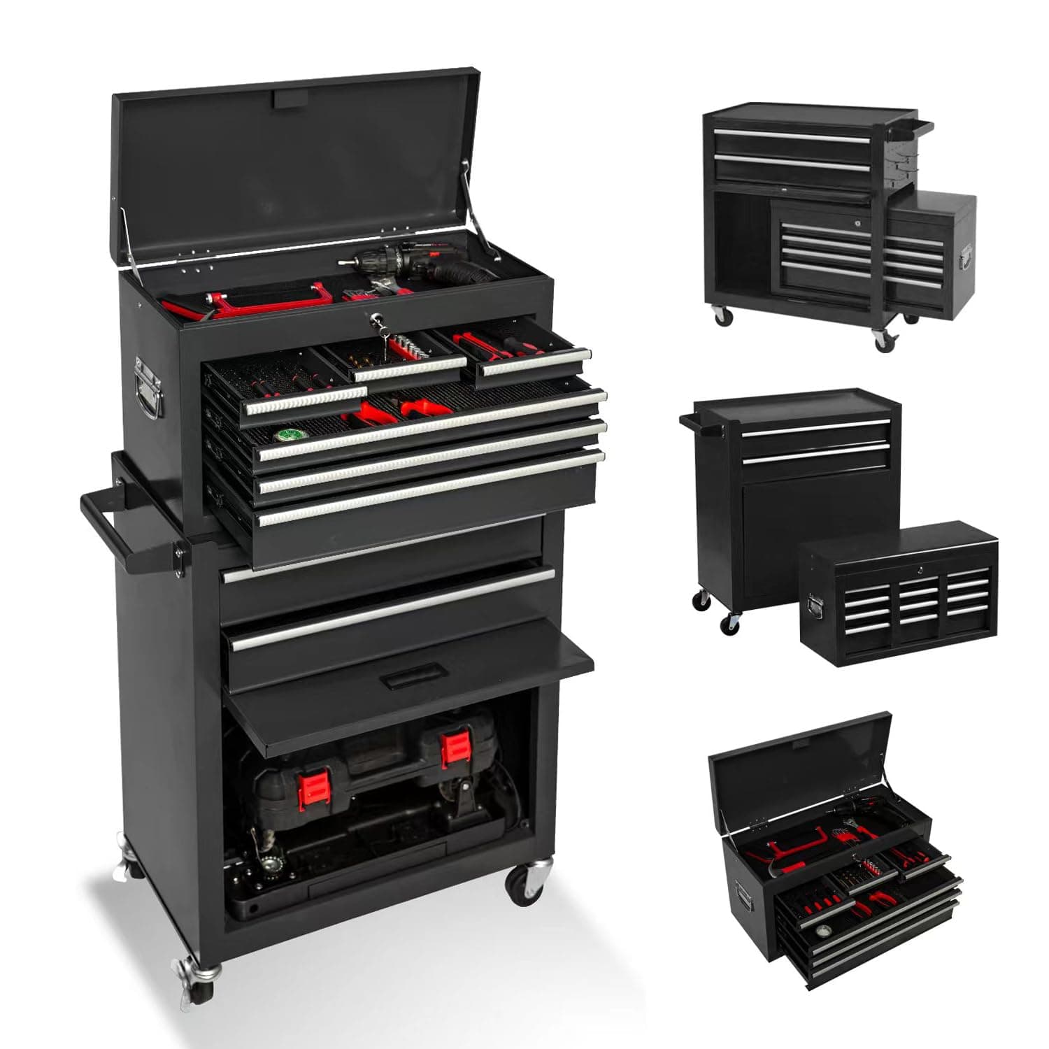8-Drawer High Capacity Tool Chest, Rolling Tool Box with Lock, Tool Box on 4 Wheels with Sliding Drawers, Tool Storage Cabinet Removable Portable Box for Garage Warehouse New(Black)