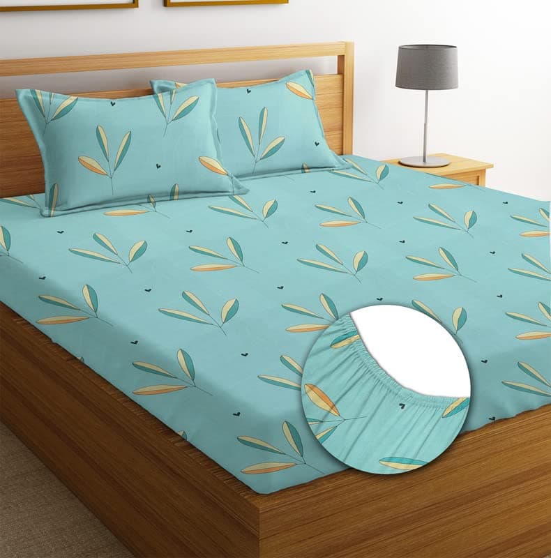 BSB HOME Premium 100% Microfiber Elastic Fitted Bedsheets with 2 Pillow Covers | Double Bed with All Around Elastic 180 TC Supersoft | for 78x72+10 Mattress (Floral, Pastel Green)