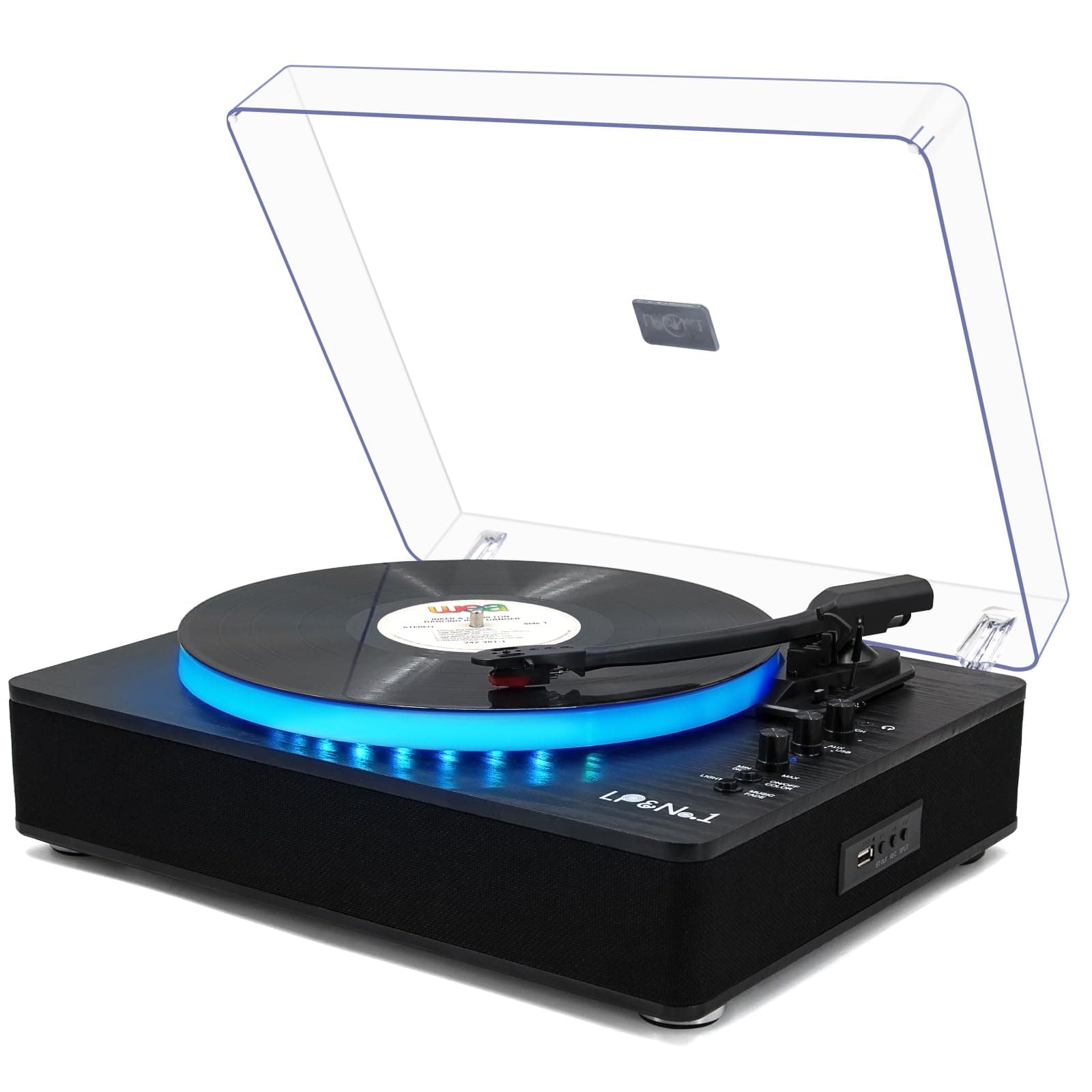 LP&No.1 Record Player with Built-in Stereo Speakers, LED Control, 3-Speed Rotating Plate for Vinyl Records and Wireless Digital Music with USB Playback and Recording,
