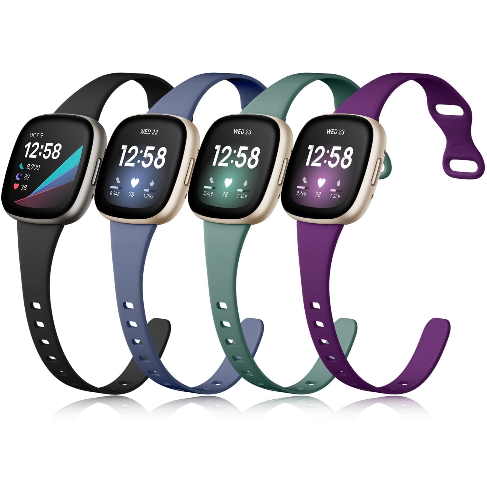 Getino Compatible with Fitbit Versa 4/ Versa 3 Bands/Sense/Sense 2 Bands Women Men, Sport Slim Accessories, Band for Fitbit Versa 4/ Versa 3/ Sense 2/ Sense, Large Black/Plum/Bluegray/Pinegreen