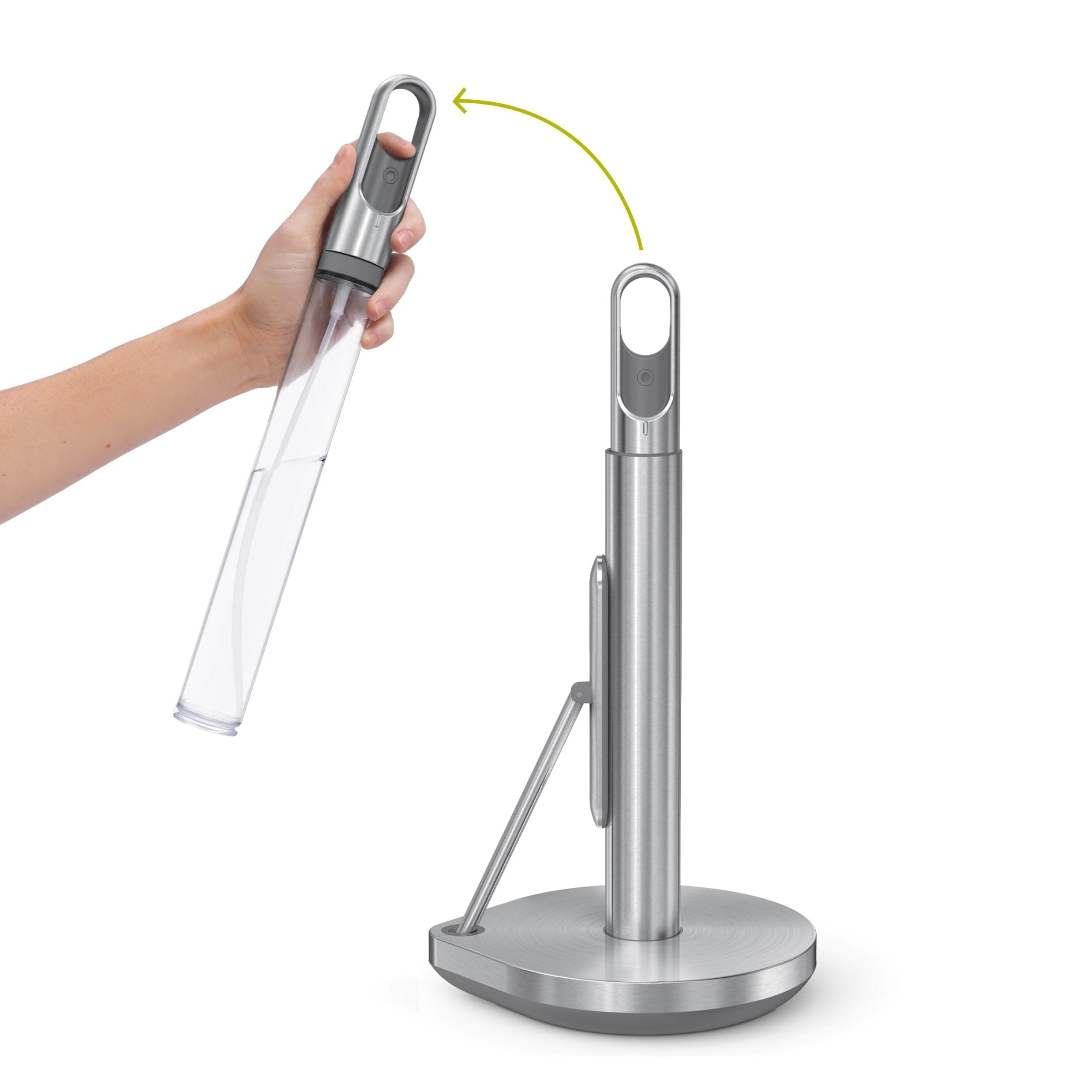 simplehuman Kitchen Roll Holder with Spray Pump, Free Standing, Easy One Sheet Tear, Weighted Base (Fits Kitchen Rolls Measuring 23-28cm), Brushed Stainless Steel, KT1196