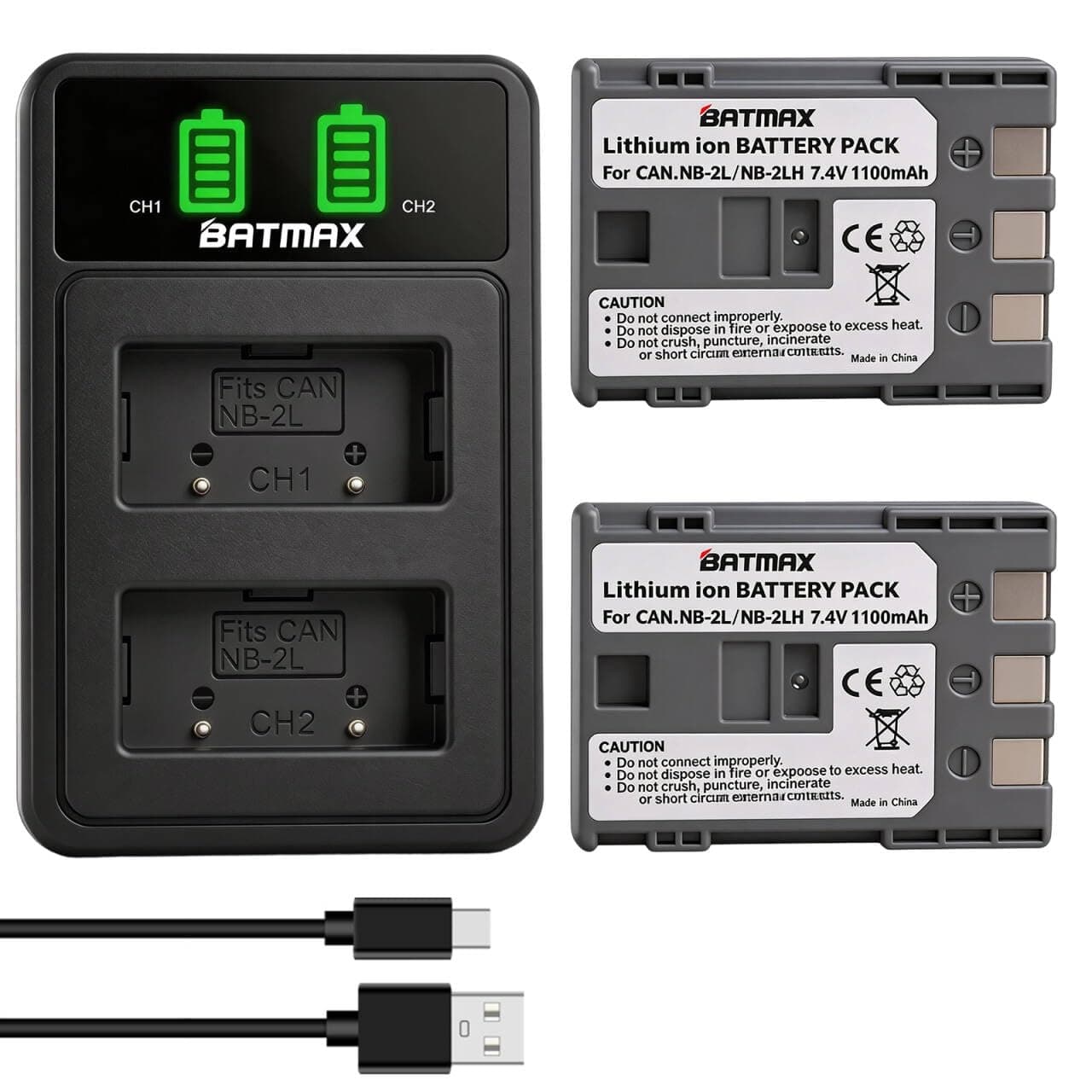 Batmax 2Pcs NB-2L NB-2LH Battery + Dual USB LED Charger for Canon PowerShot G7 G9 S80 S70 S60 S50 S45 S40 S30, Canon DC410 DC420 EOS 350D 400D Digital Rebel XT XTi, VIXIA HF R10