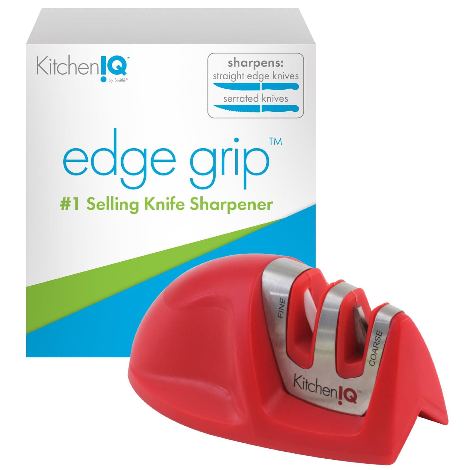 50883 - Edge Grip 2-Stage Knife Sharpener - Red - Coarse & Fine Sharpeners - Compact - Stable Non-Slip Base - Soft Grip Rubber Handle - Straight & Serrated Knives