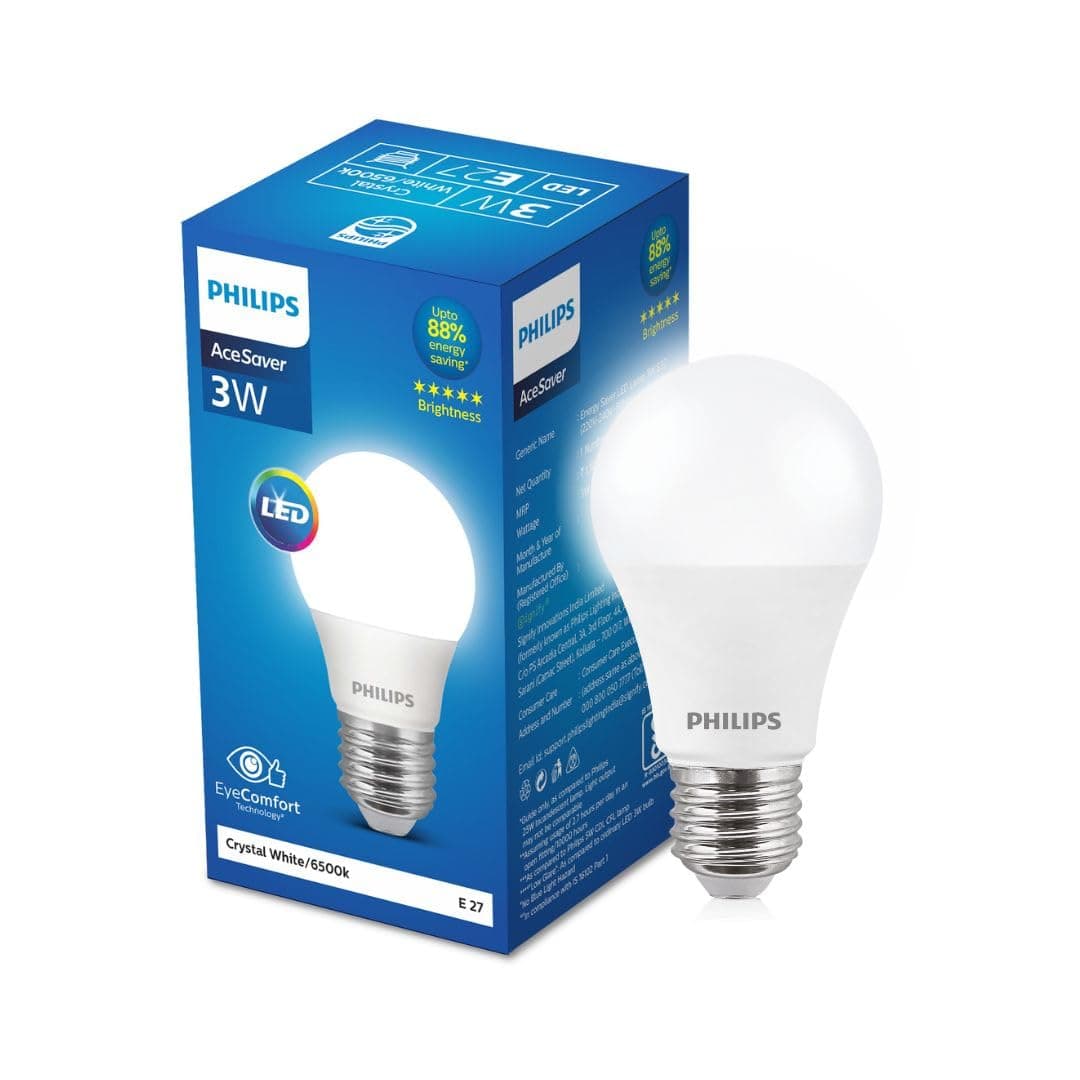 Philips 3-watt LED Bulb | AceSaver LED Bulb | Base: E27 Light Bulb for Home | Crystal White, Pack of 1