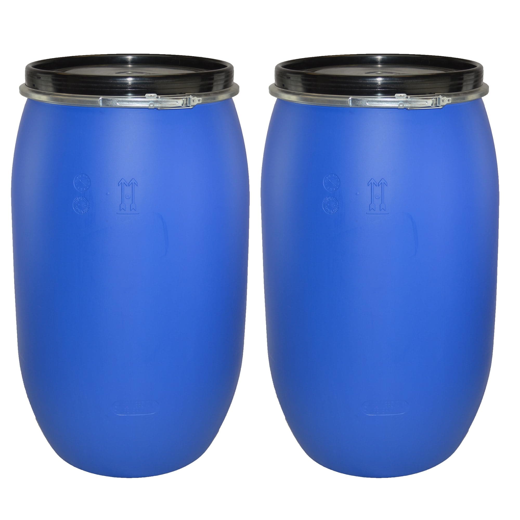ITP Packaging Two Air Tight 120 Litre Plastic Blue Open Top Storage Shipping Barrel Drum Keg with Lid and Latch Ring, UN Approved, Food Grade for Shipping Food and Clothing