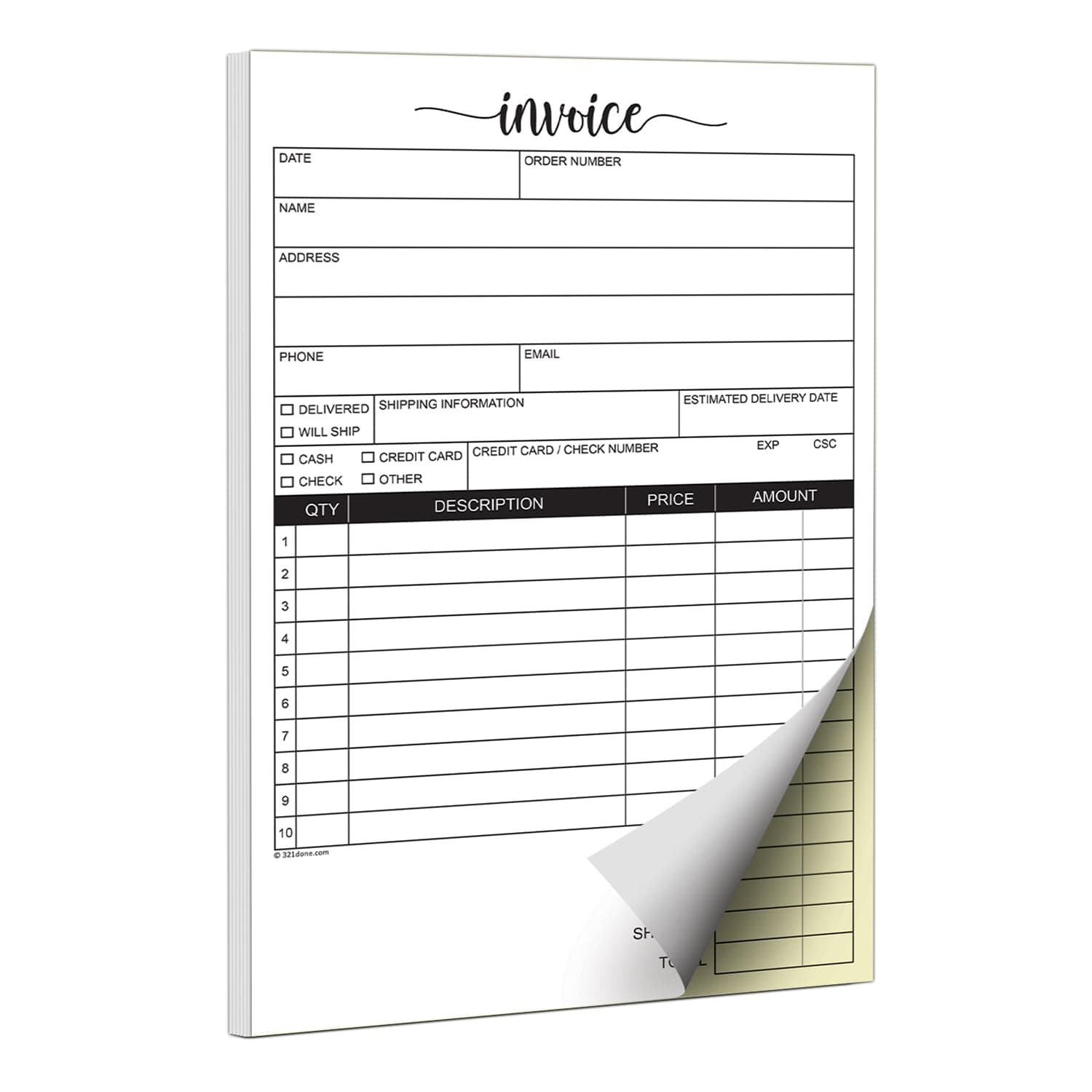 321Done Invoice Pad, 5.5x8.5 Small 2-Part Carbonless, Made in USA, Carbon Copy Sales Receipt Book Purchase Order Form for Small Boutique Craft Business (50 Sets) White/Yellow, Thick Paper