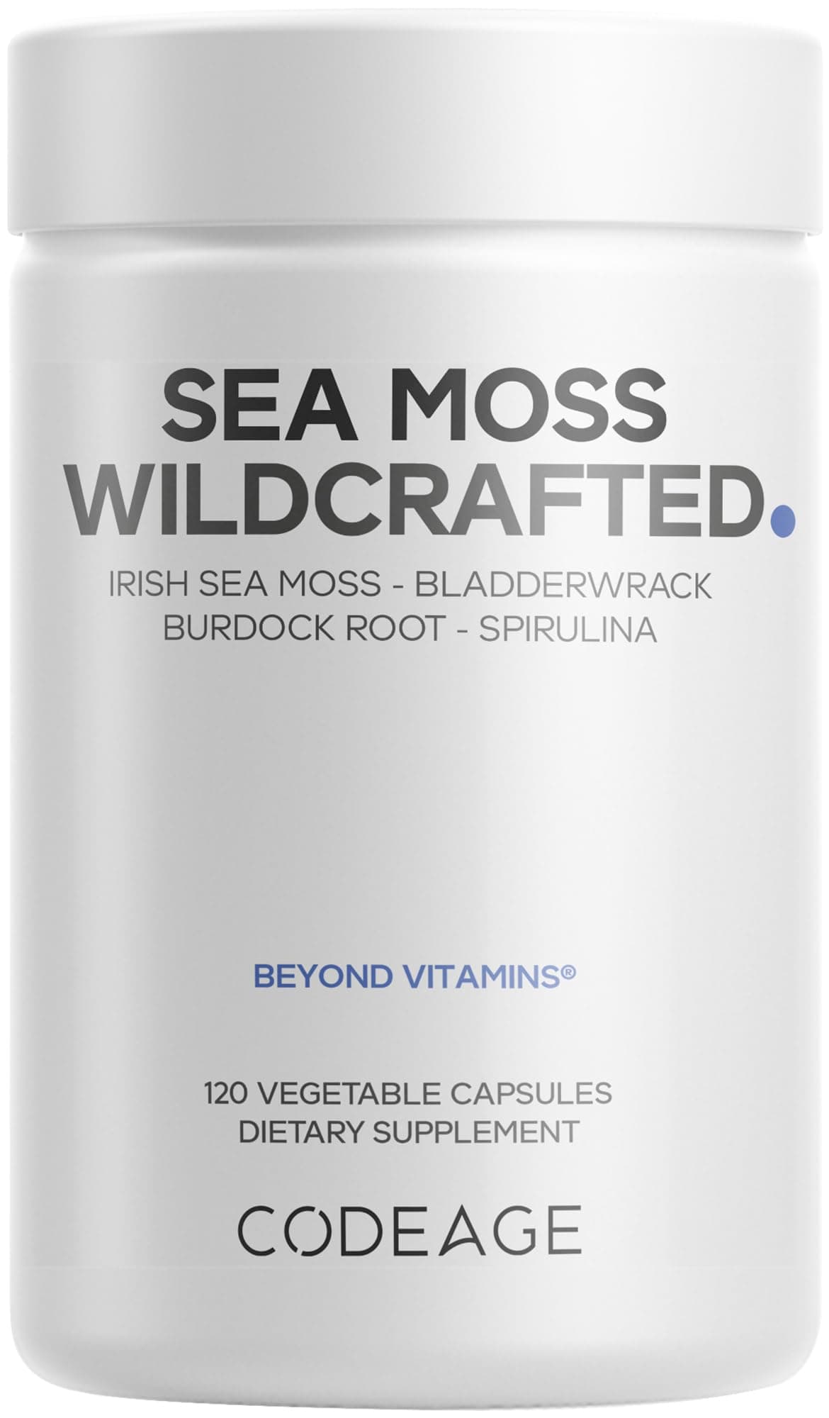 Raw Wildcrafted Irish Sea Moss Supplement, Spirulina Algae, Bladderwrack Seaweed, Burdock Root, Black Pepper, Vegan, Non-GMO, 120 Capsules
