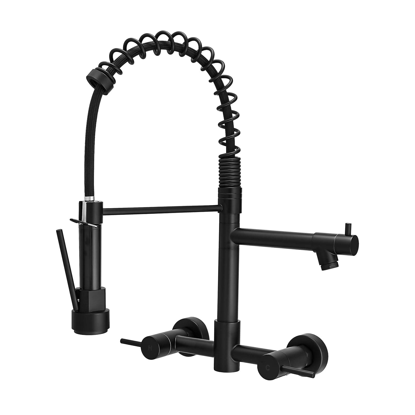 AIMADI Black Wall Mount Kitchen Faucet with Pull Down Sprayer Pot Filler | Matte Black Commercial Style Dual Handle Sink Faucet Spring Design for Kitchen