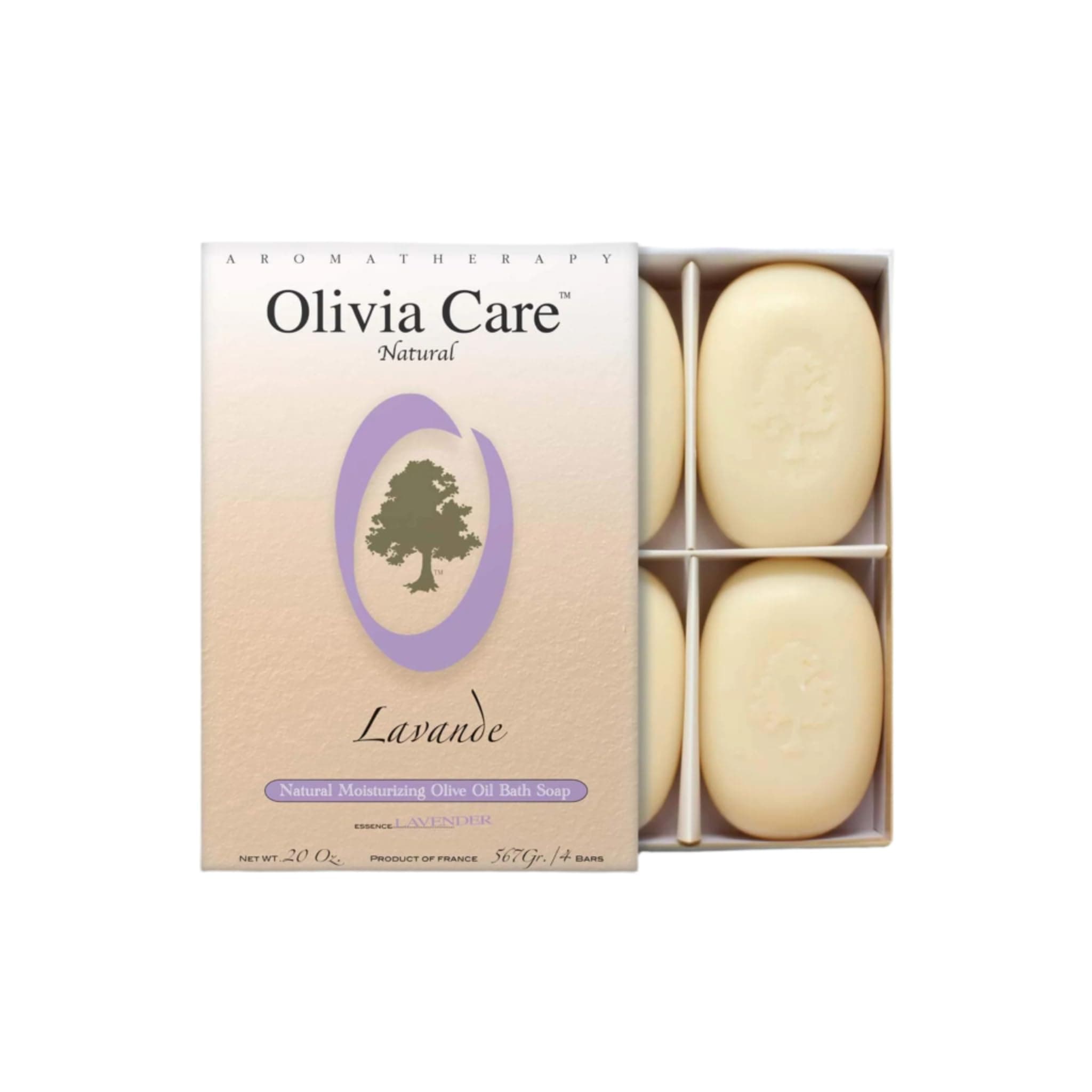Olivia Care Lavender Bar Soap-4 pack box set - 100% Natural Ingredients, Organic, Vegan - For Face & Body, Cold-pressed Triple-Milled, Hydrating, Moisturizing, Infused Calcium & Vitamins - 4 X 5 oz