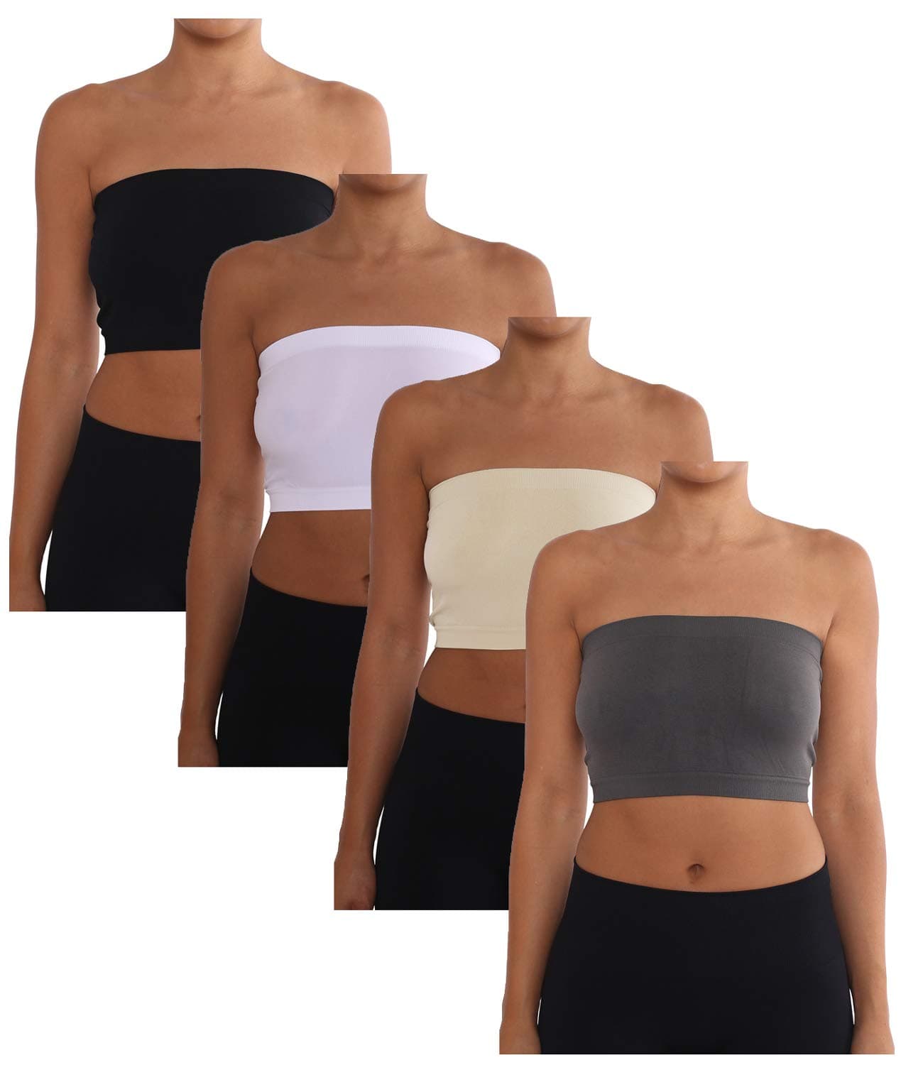 Women's Combo Pack One Size Strapless Base Bra Layer Bandeau Seamless Tube Top Regular and Plus Sizes (Plus Pack of 4) (Black-White-Nude-DkGray)
