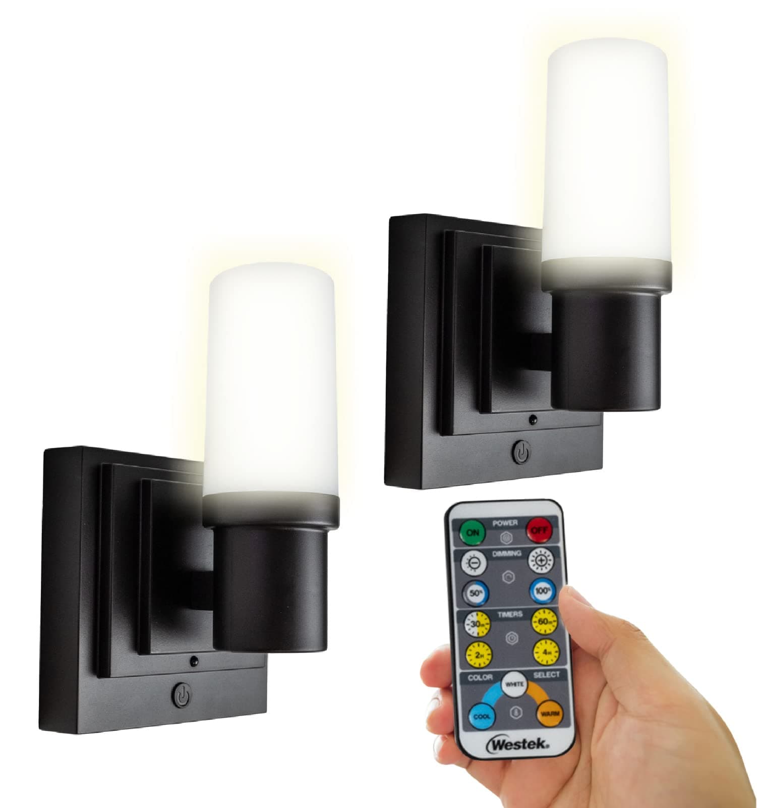 Westek Battery Operated Wall Sconce with Remote, 2 Pack – Plastic Wireless Battery Wall Light, Easy No Wire Install – 160 Lumens, 4 Hour Auto Shut-Off Battery Wall Sconce – Matte Black Finish