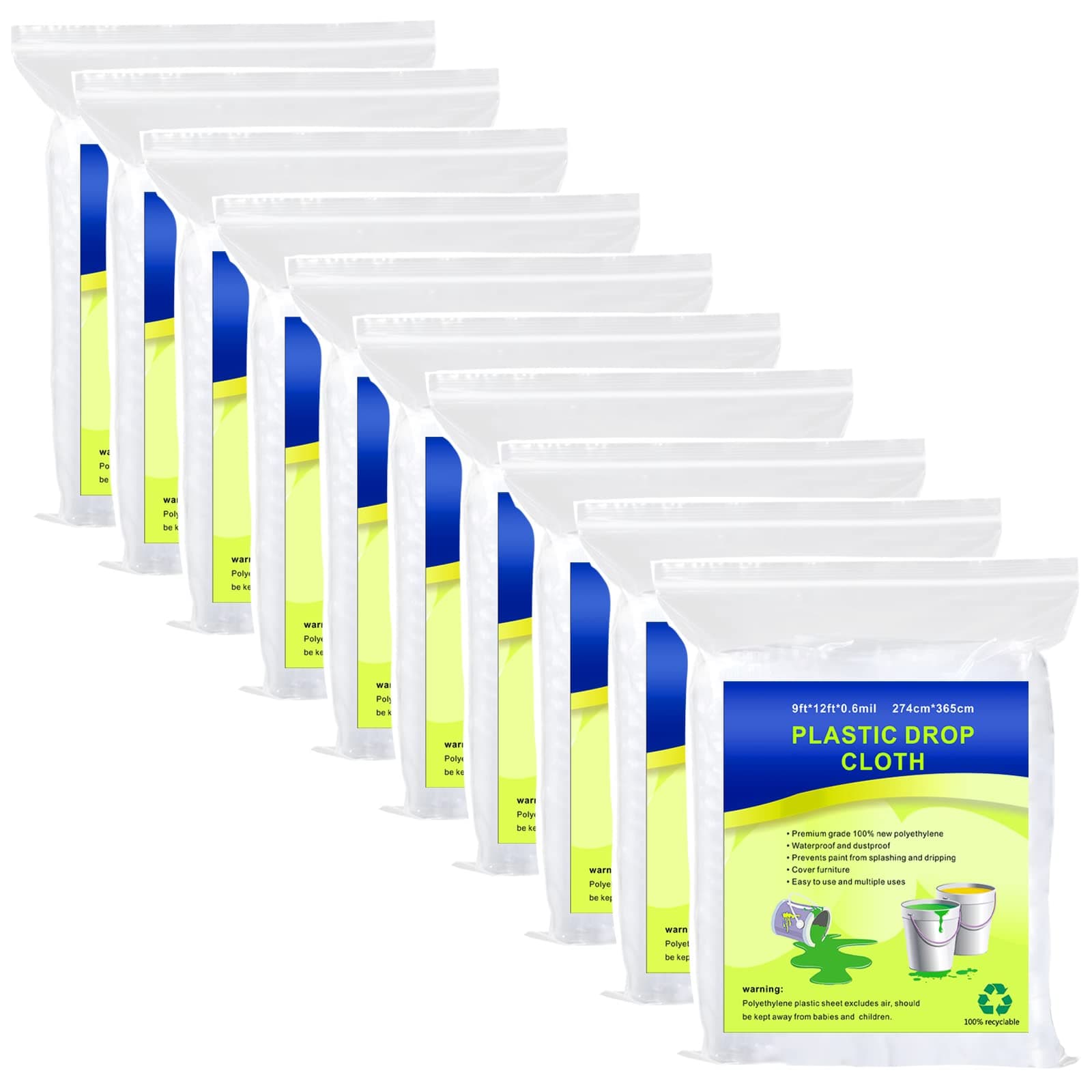 10 Pieces Plastic Sheet, Plastic Sheeting Drop Sheets for Painting, Waterproof and Dust-Proof Clear Cloth for Furniture Cover, 9x12 Feet Tarps