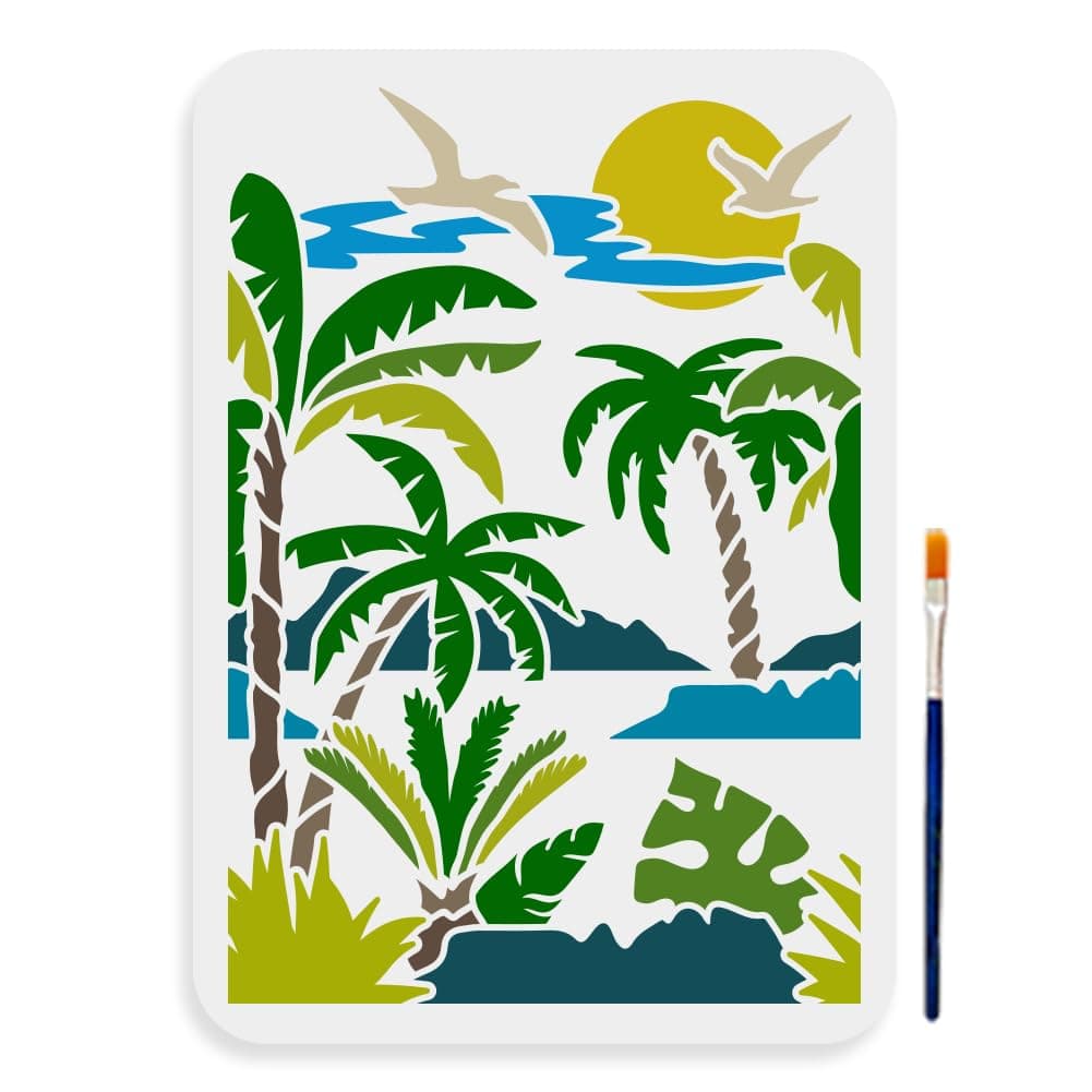 MAYJOYDIY Moon Coconut Tree Stencils 11.7×8.3inch Large Summer Scenery Painting Stencils with Paint Brush Seagull Sea Cloud Sun Tropical Plants Template for Window Furniture Fabric Canvas