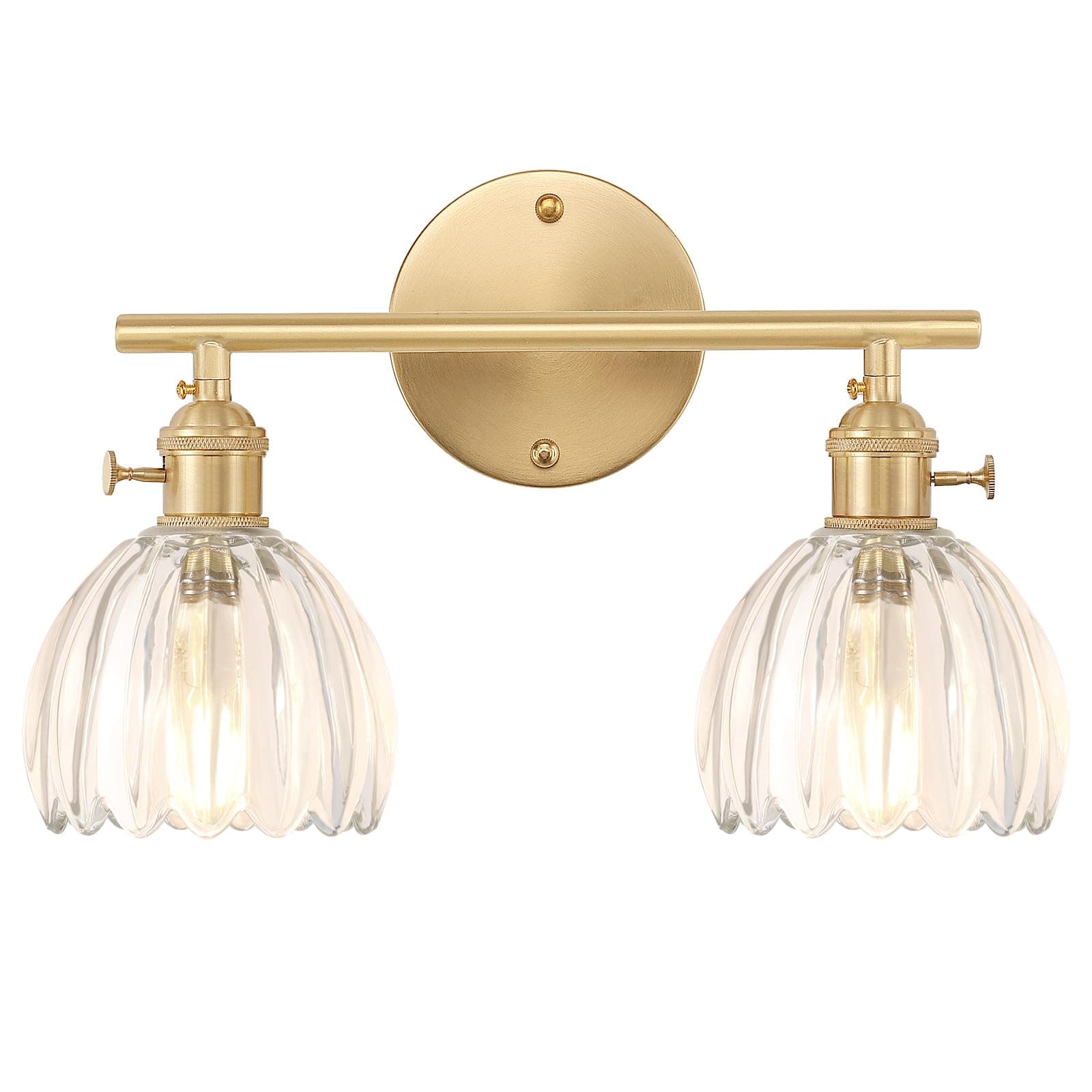 Bathroom Light Fixtures, 2-Light Brass Vanity wall Light Over Mirror with Clear Tulip Glass Shade for Bedroom Living Room (Bulb Not Included)