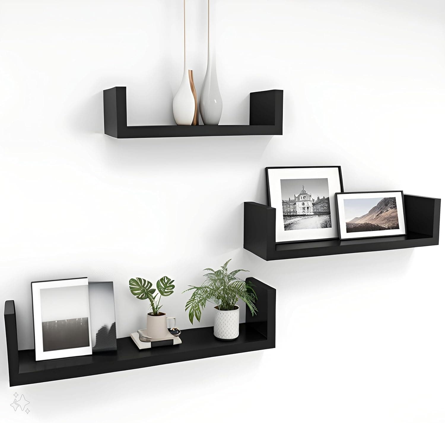 Engineered Wood Glossy Wall Mount Floating Hanging Shelf for Room Wall and Home Decor Items and Storage Organizer (Standard, Black), Set of 1