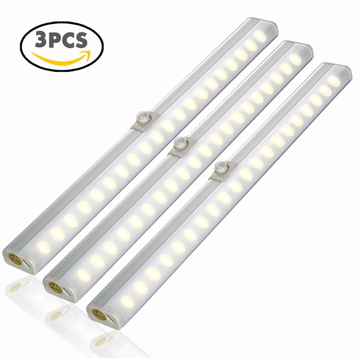 Cupboard Light Motion Sensor Wardrobe Lights, Extremely Bright 20 Led Wireless Cabinet Lighting, Stick-on Anywhere with Magnetic Strip (3-Pack Warm Light)
