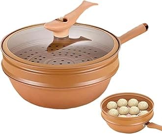 12.6in Iron Wok with Lid, Pottery Clay Micrr-o Pressure Pot, Wok with Steamer Basket, Clay Pots for Cooking, Non Stick Clay Wok, Wok with Lid Non Stick, Pressure Non Stick Pan Flat Bottom Wok