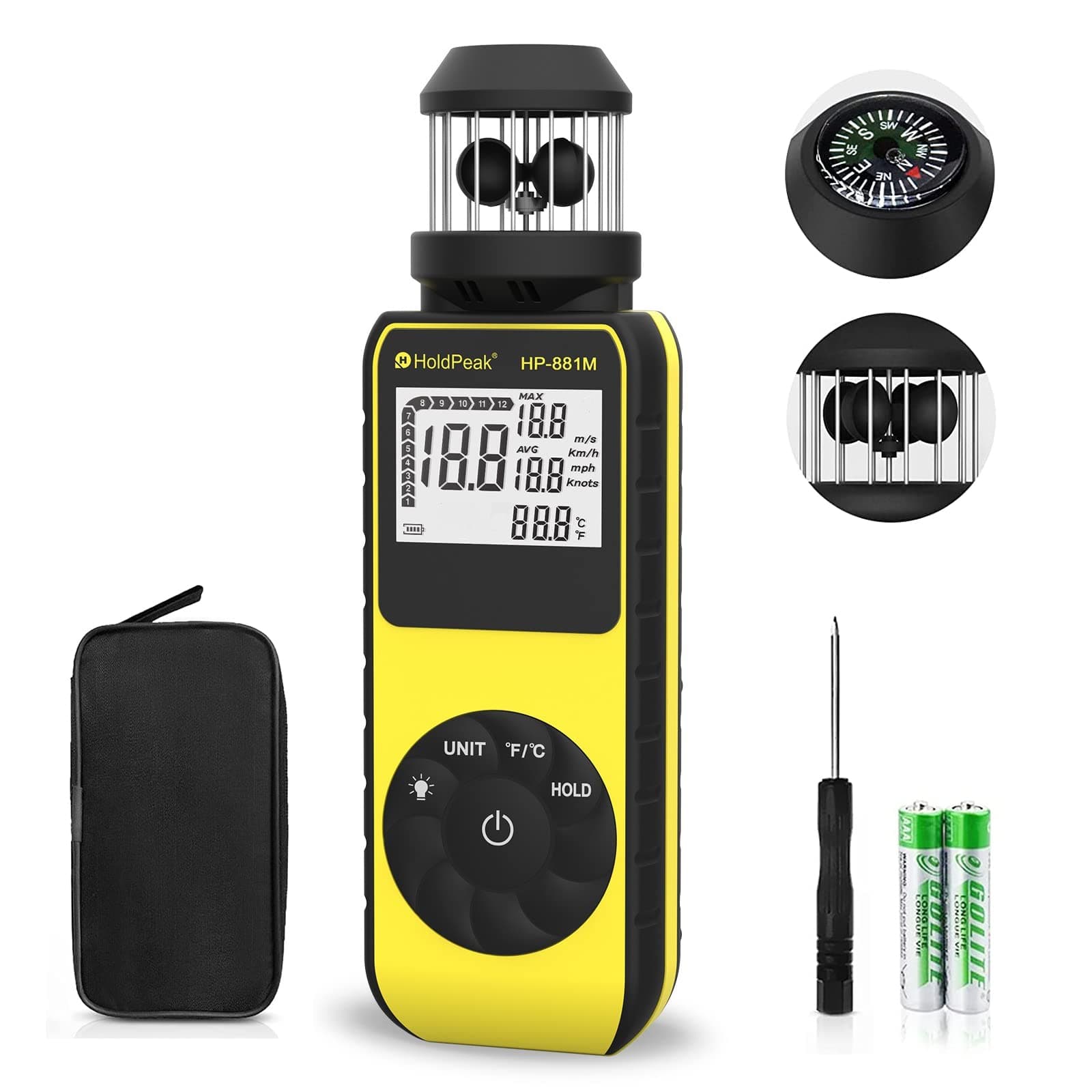 New Digital Anemometer Handheld Wind Speed Meter, HOLDPEAK 881M Digital Cup Anemometer Measure Wind Velocity with Compass, LED Screen, Data Hold, 360° Outdoor Wind Velocity Measurement 0.7~42m/s, ℃/℉