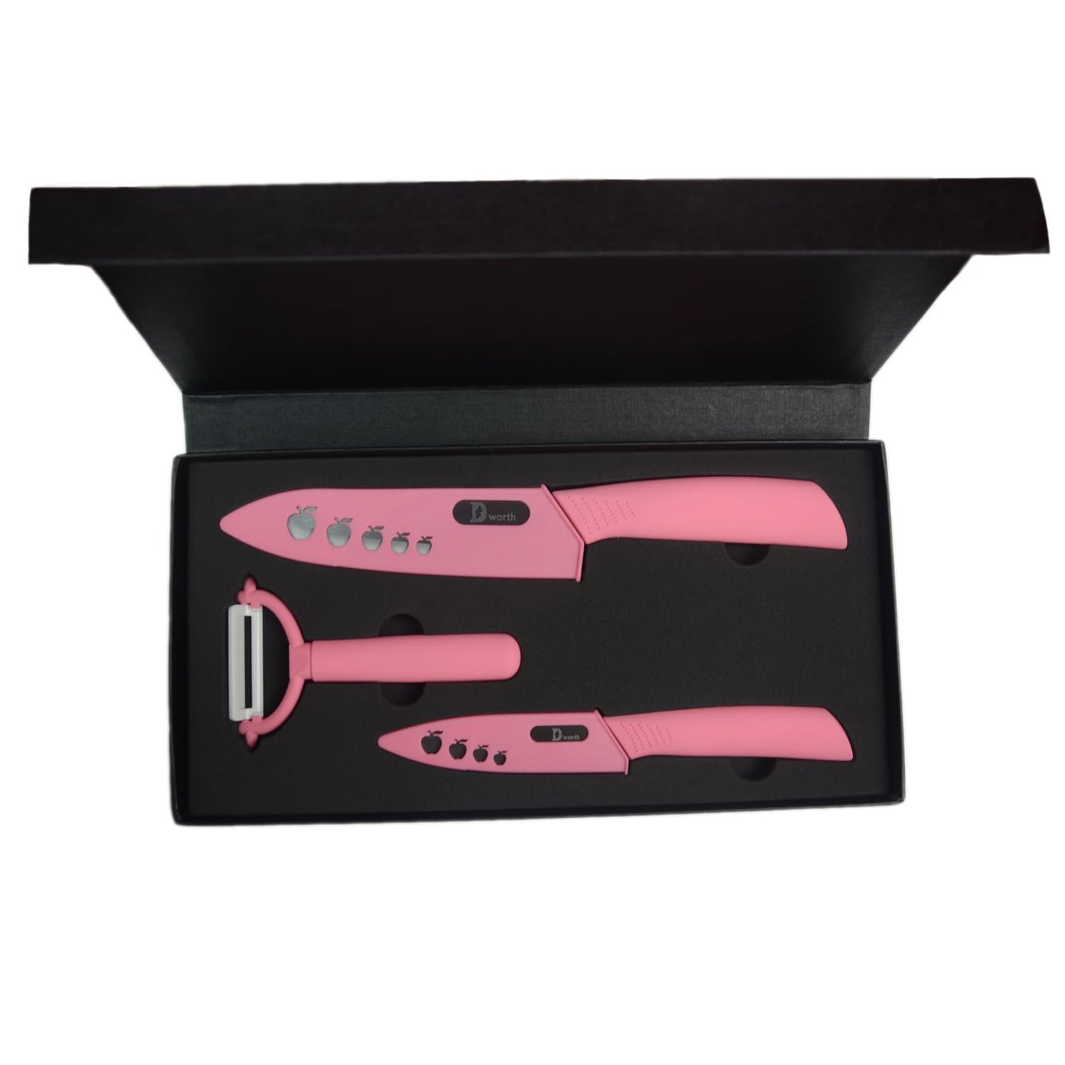 Dworth 5 Piece Knife Set , 6" Ceramic Chef Knife/ 4" Vegetable Fruit Knife + Peeler , Kitchen Knives with Case (Knife Sheaths) (5, black+pink)