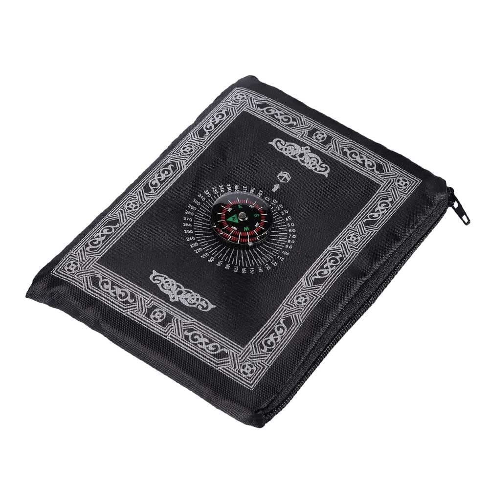 OBD Pocket Prayer Mat with Qibla Compass Foldable Small Black Prayer Rug 60 x 100cm Lightweight Travel Namaz Mat Muslim Gift for Hajj Umrah & Ramadan