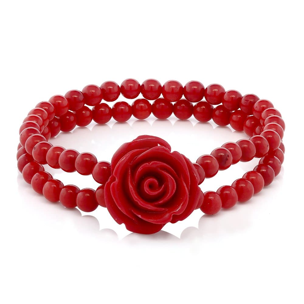 7 Inch Red Simulated Coral Bead Rose Flower Stretch Bracelet For Women 5mm