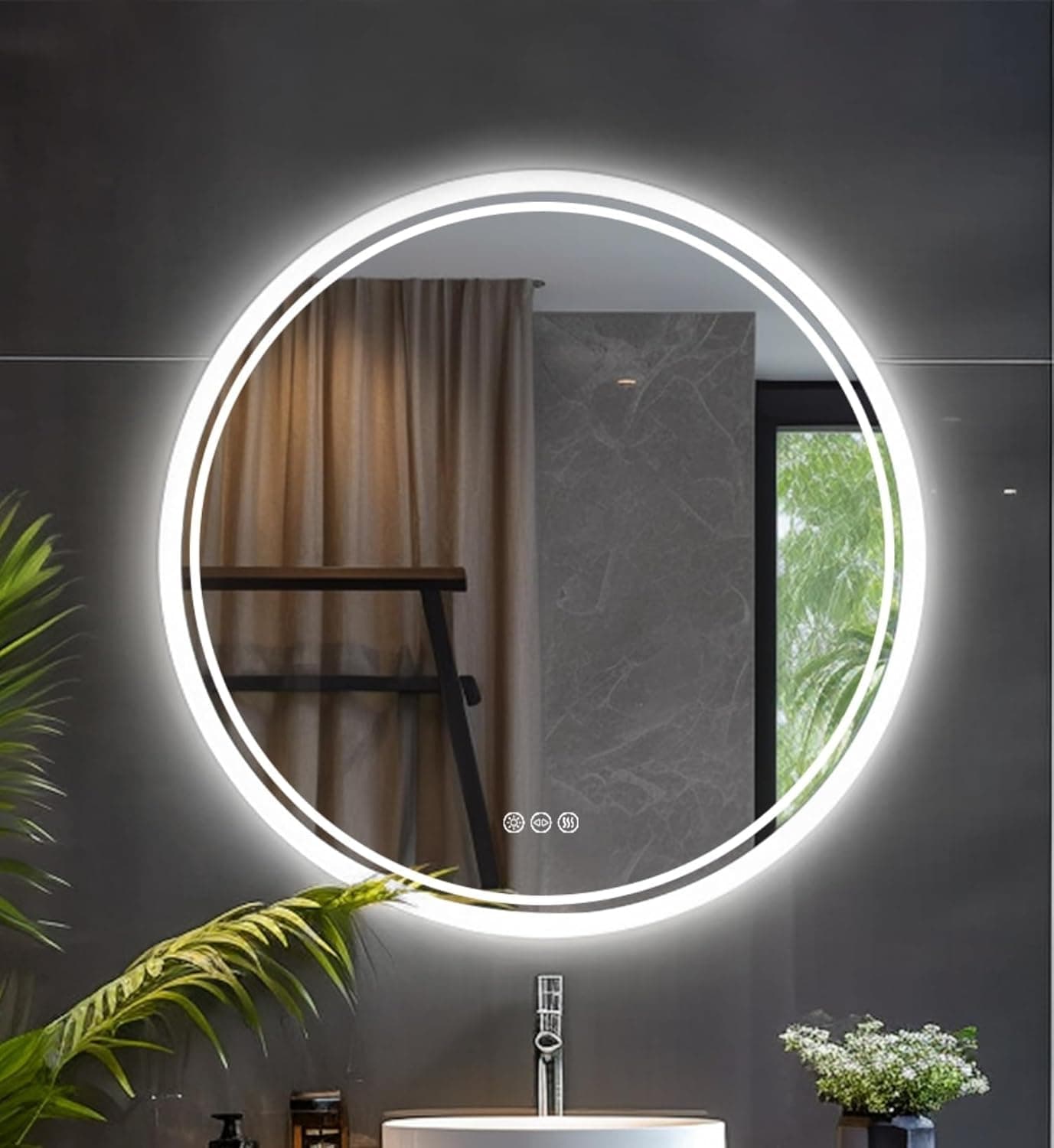 LUVODI LED Bathroom Mirror Round: 600mm Illuminated Dimmable Backlit Lighted Wall Circle Vanity Mirror with Demister Pad + Smart Touch Button Makeup Shaving Mirror