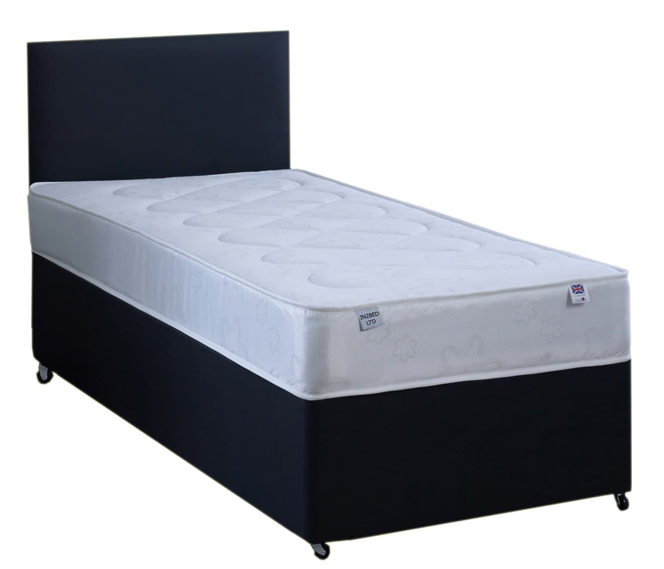 2FT6 Small Single Black Faux leather Divan Bed Set Including Deep Quilt Mattress And Headboard