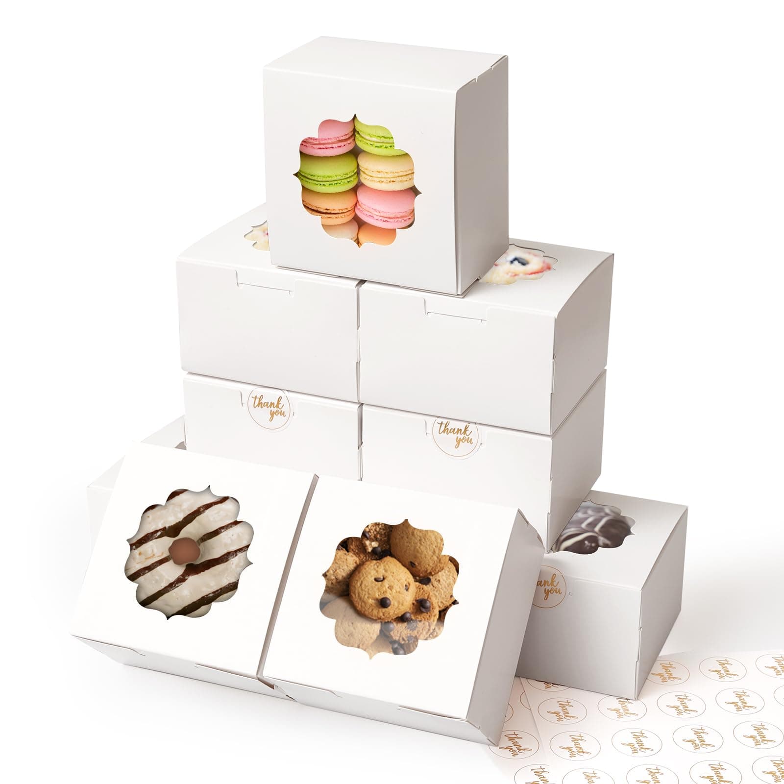 4-Inch Small Cookie Boxes 100 Pcs White - Bakery Treat Boxes with Window for Gifting, To-go Containers for Cake Slice, Macarons, Donuts 4x4x2.5