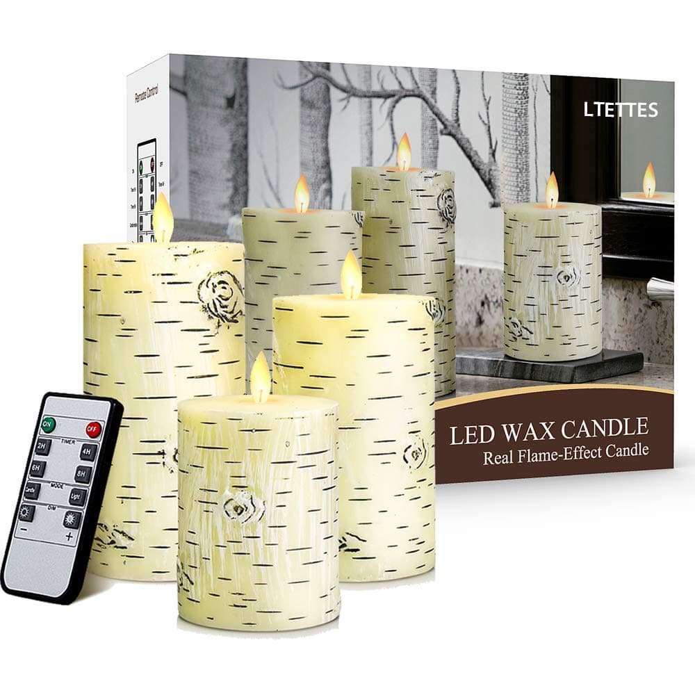 LTETTES 3 SET (H-4",5",6"x D-3") LED Real Wax Cup Pillar Flameless Electric Candles With Flickering Faux Wick, Birch Bark- AA Battery Powered with Remote for Home Decor, Birthday Gifting , Wedding and any other Decoration [BATTERIES INCLUDED]