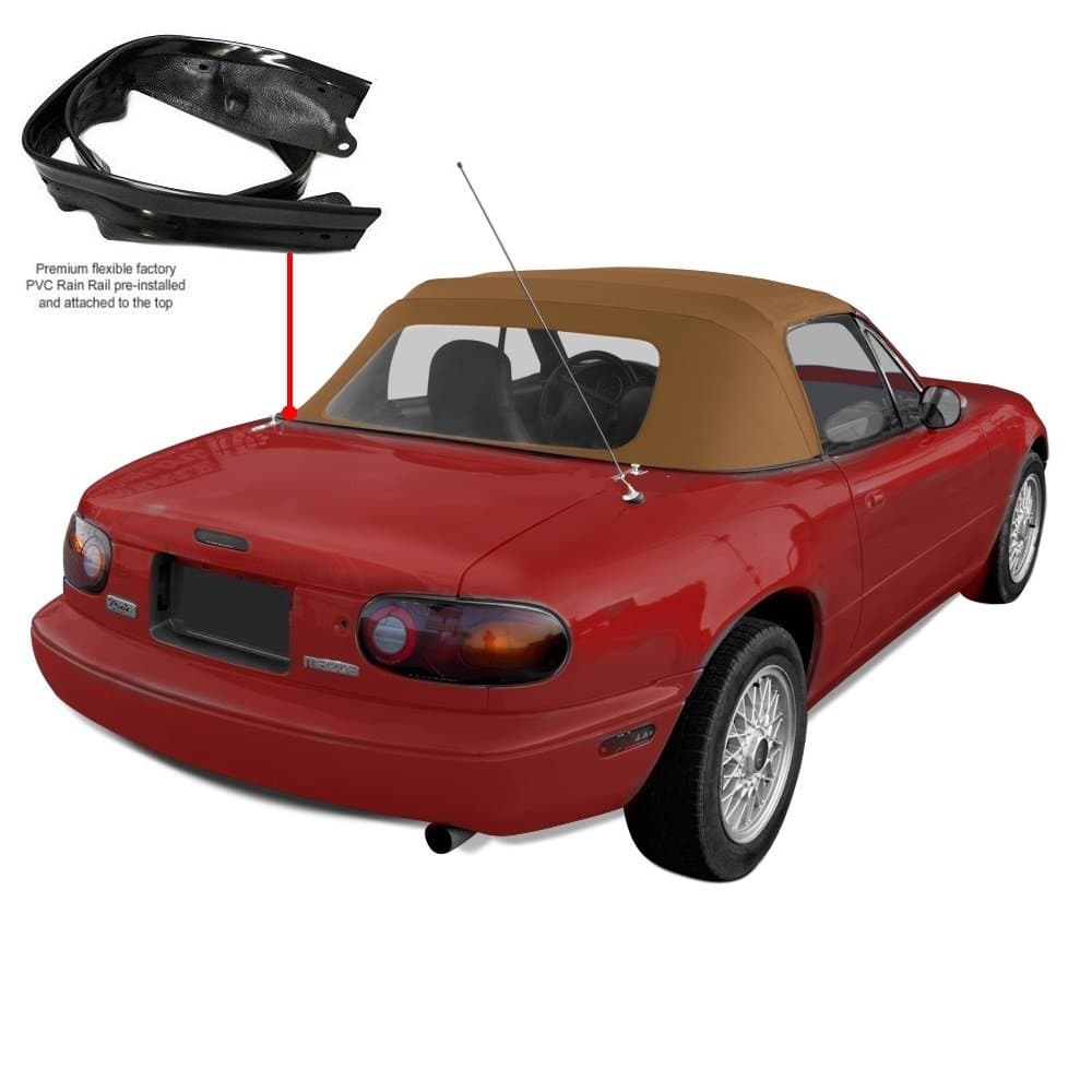 Compatible Mazda Miata Convertible Top with Plastic Window & Attached (Pre-Installed) Rain Rail, 1990-2005 - (Tan)