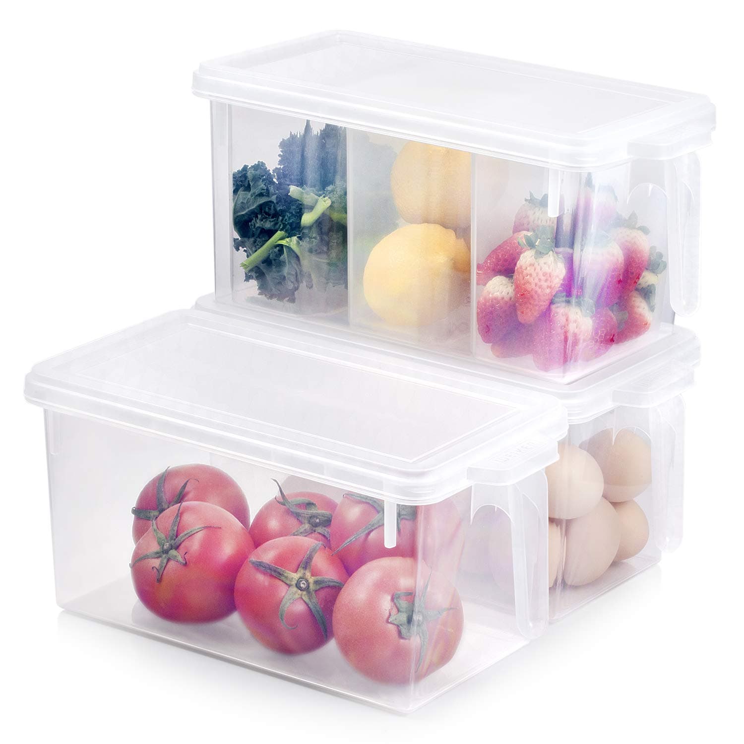 Kitchen Organizer Freezer Refrigerator Storage - 3 Sets Stackable Boxes 4.5Qt Plastic BPA Free Reusable Containers Meal Prep Food Bin for Fridge, Pantry, Shelves, Home with Lids and Handle (UPGRADE)