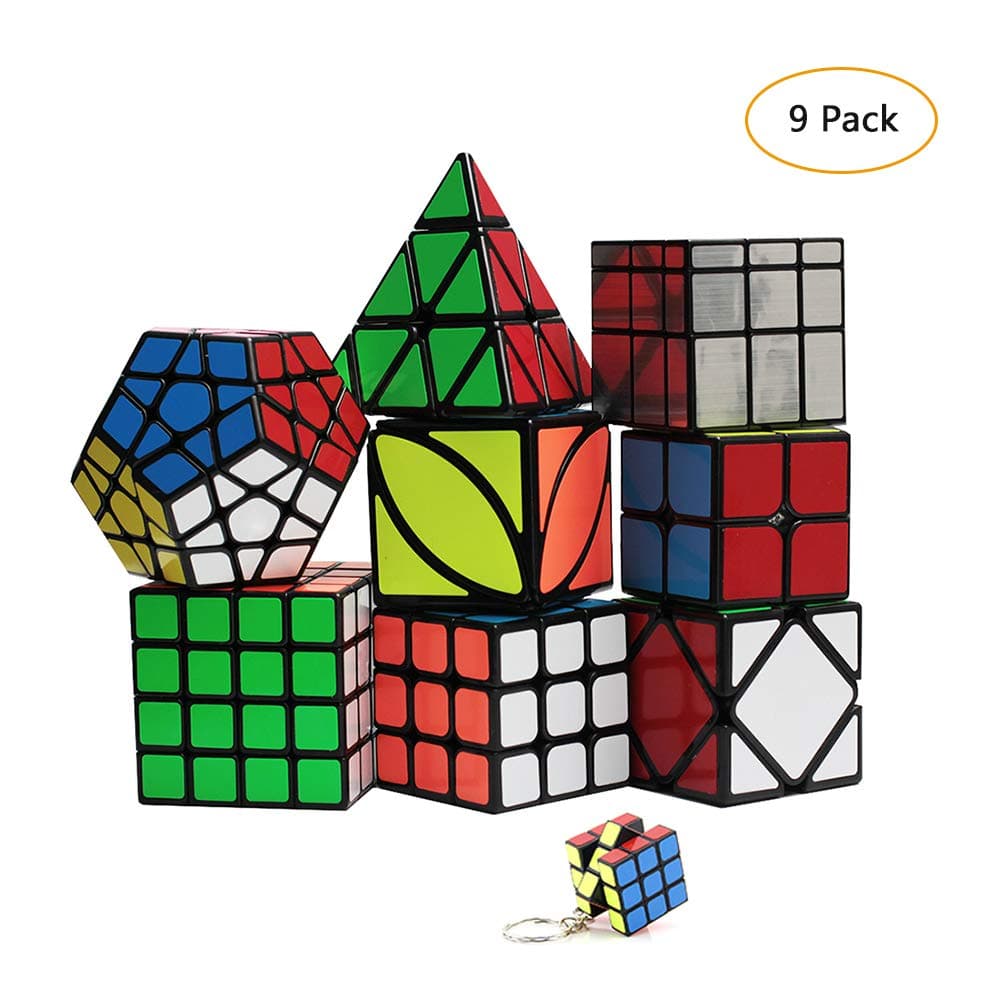 YGZN Speed Cube Set 8 Pack 2x2 3x3 4x4 Speed Cube,Megaminx Pyramid Skewb lvy Cube Mirror Cube Smooth Speedcubing Magic Cube Puzzle for Adults and Kids, for 3x3 Cube keychain (9 Pack)