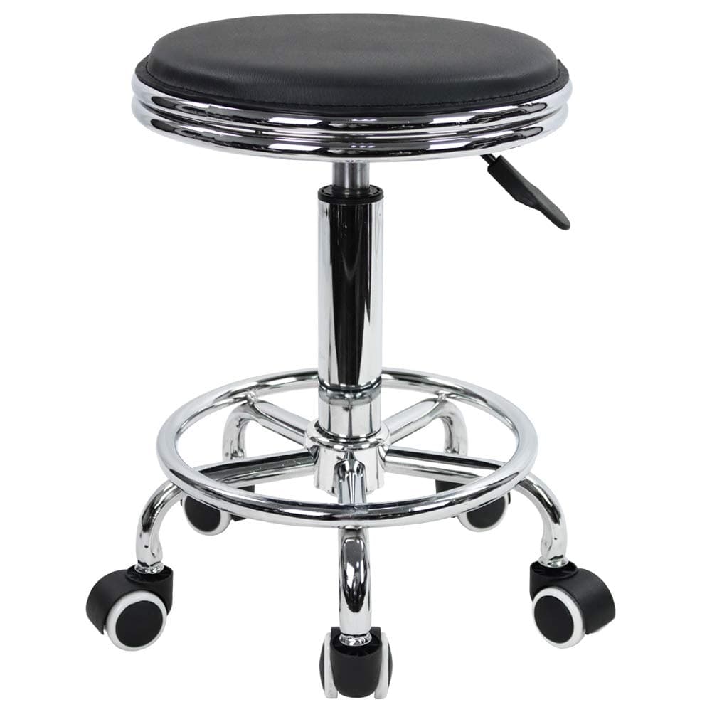 Round Rolling Stool with Foot Rest PU Leather Height Adjustment Modern Industrial Metal Style Swivel Spa Salon Tattoo Work Massage Stools Small (Black)