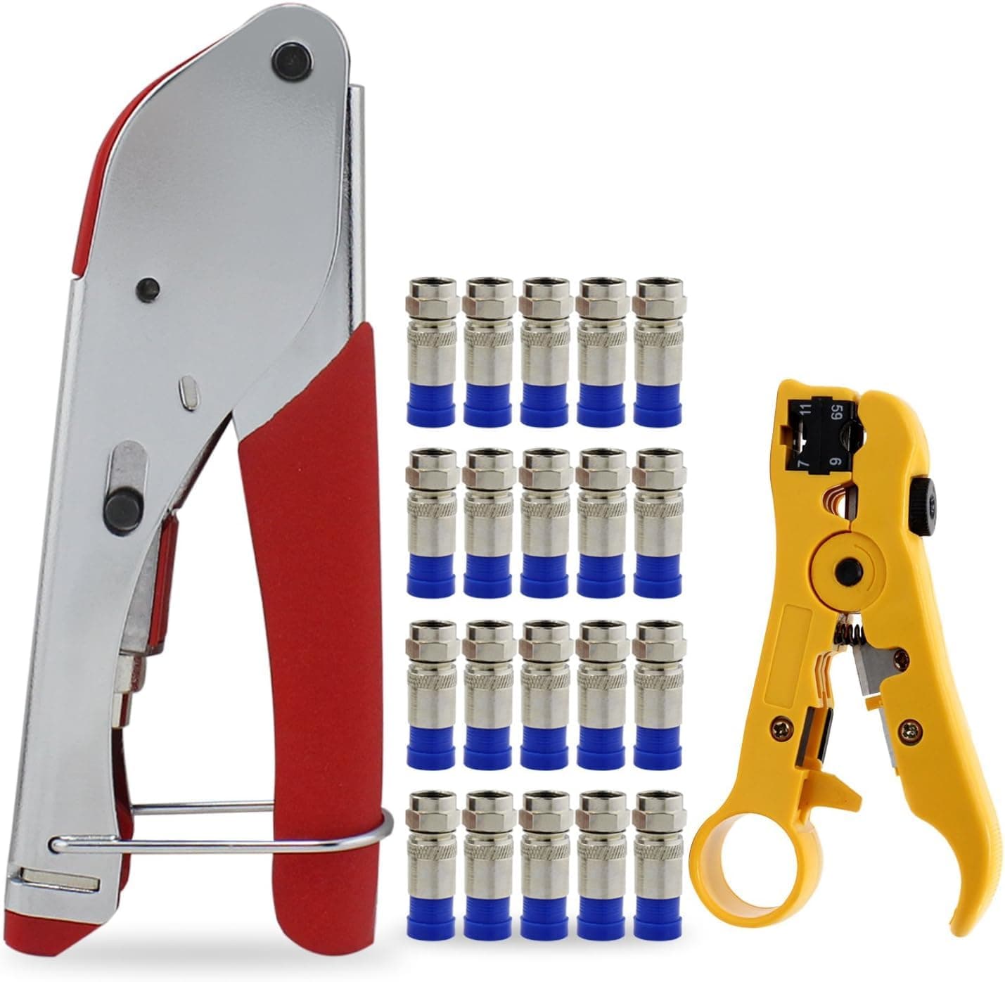 3-in-1 coaxial compression connector, cable stripper RG6, with 20 pcs Coaxial Compression Fitting Connector,Coax Cable Stripper, Compression Crimper