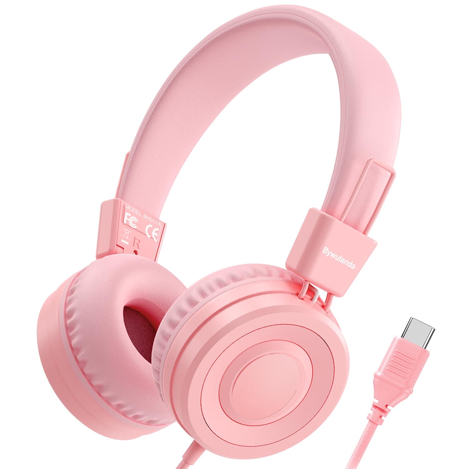 Upgrade USB Type C Kids Headphone for School, 94dB Safe Volume Limited, HD Stereo Sound, Foldable Lightweight On-Ear Headphones for Boys/Girls/Students/Tablet/Travel(Light Pink)