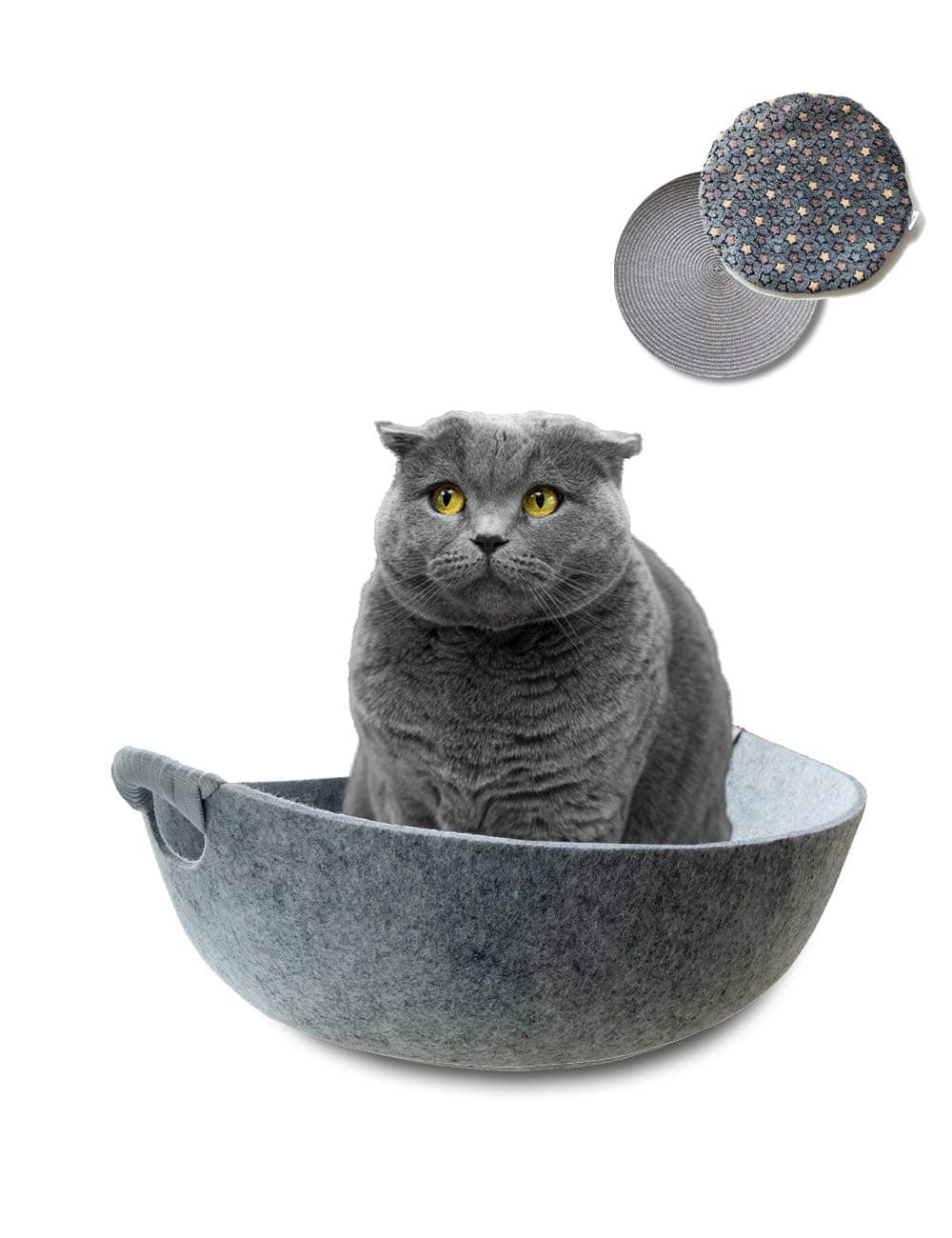 simoce Shaped Felt 2-in-1 Cat Round Bed with Reinforced Handle 17.8 x 17.8 x 6.7 Washable Sleep Rest Cuddle Indoor Cozy Pot Lounge Sleeper with Replaceable Cool & Warm Mat.