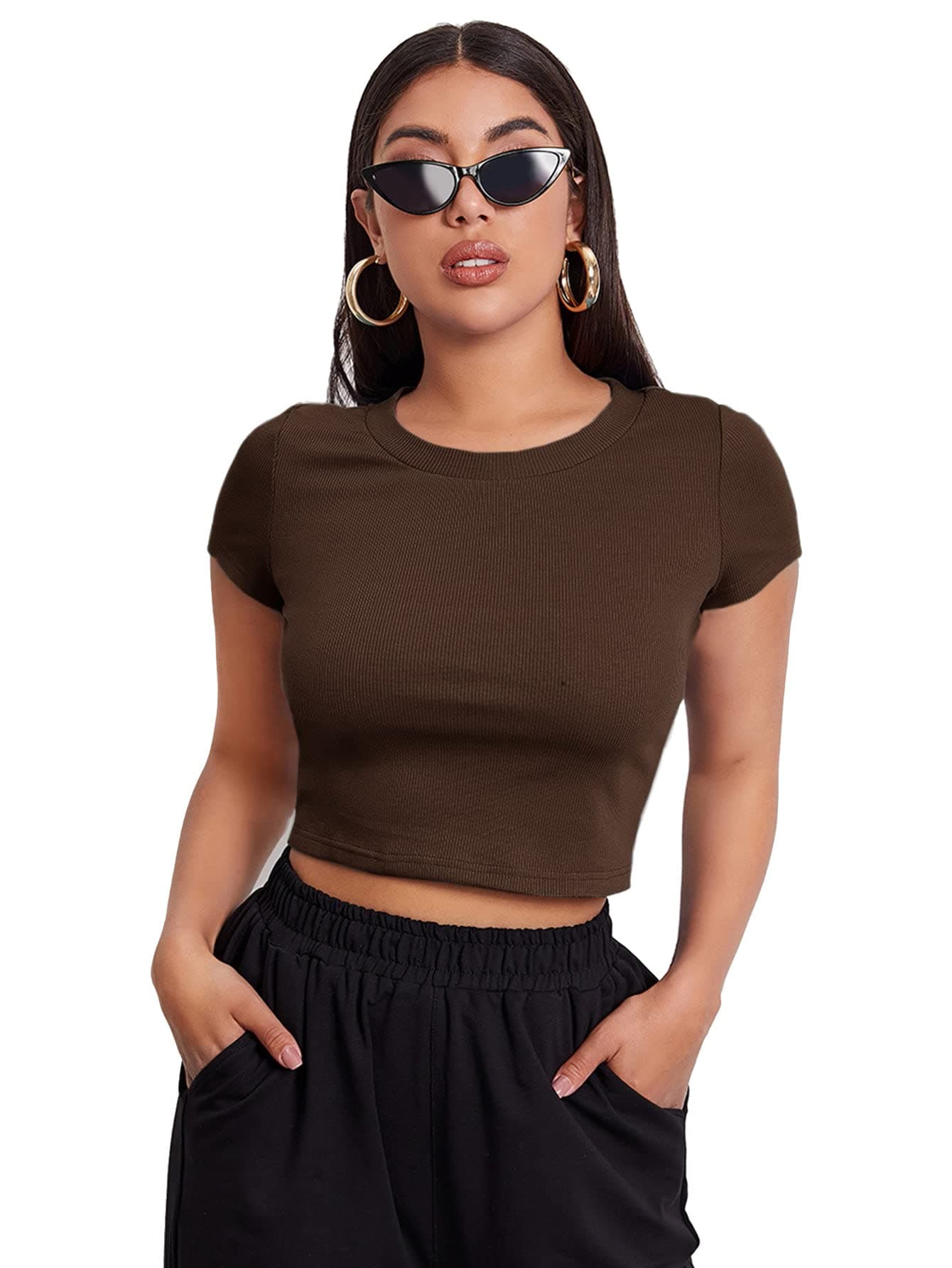 Aahwan Black Solid Ribbed Slim Fit Baby Tee Crop Top for Women's & Girls' (116_Black-L)