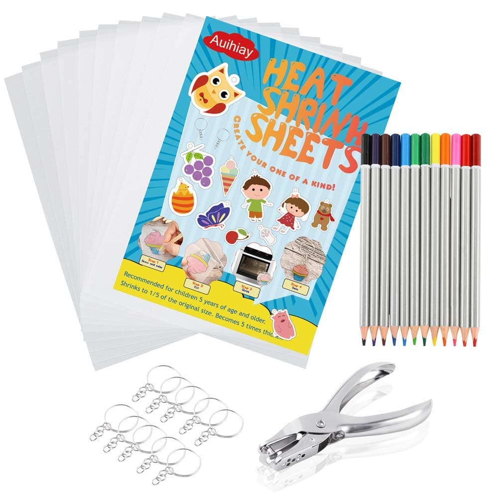 Auihiay 33 PCS Shrink Plastic Sheet Kit Include 10 PCS Shrinky Paper, Hole Punch, Keychains, Pencils for Kids Creative Craft