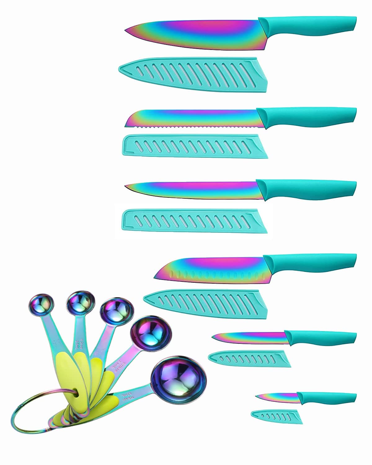 Knife Set with Spoons, KYA37B Knife Sets with Blade Guards and Measuring Spoons, Marco Almond® Rainbow Color 17-Piece Stainless Steel Kitchen Knives Set with Covers