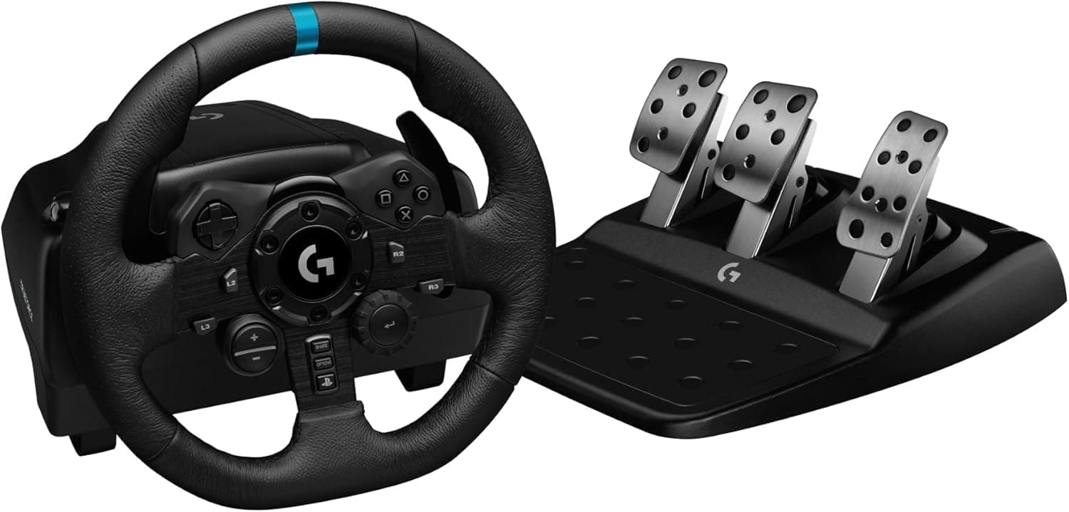 Logitech G923 Racing Wheel and Pedals, TRUEFORCE Feedback, Responsive Driving Design, Dual Clutch Launch Control, Genuine Leather Steering Wheel Cover, for PS5, PS4, PC, Mac - Black