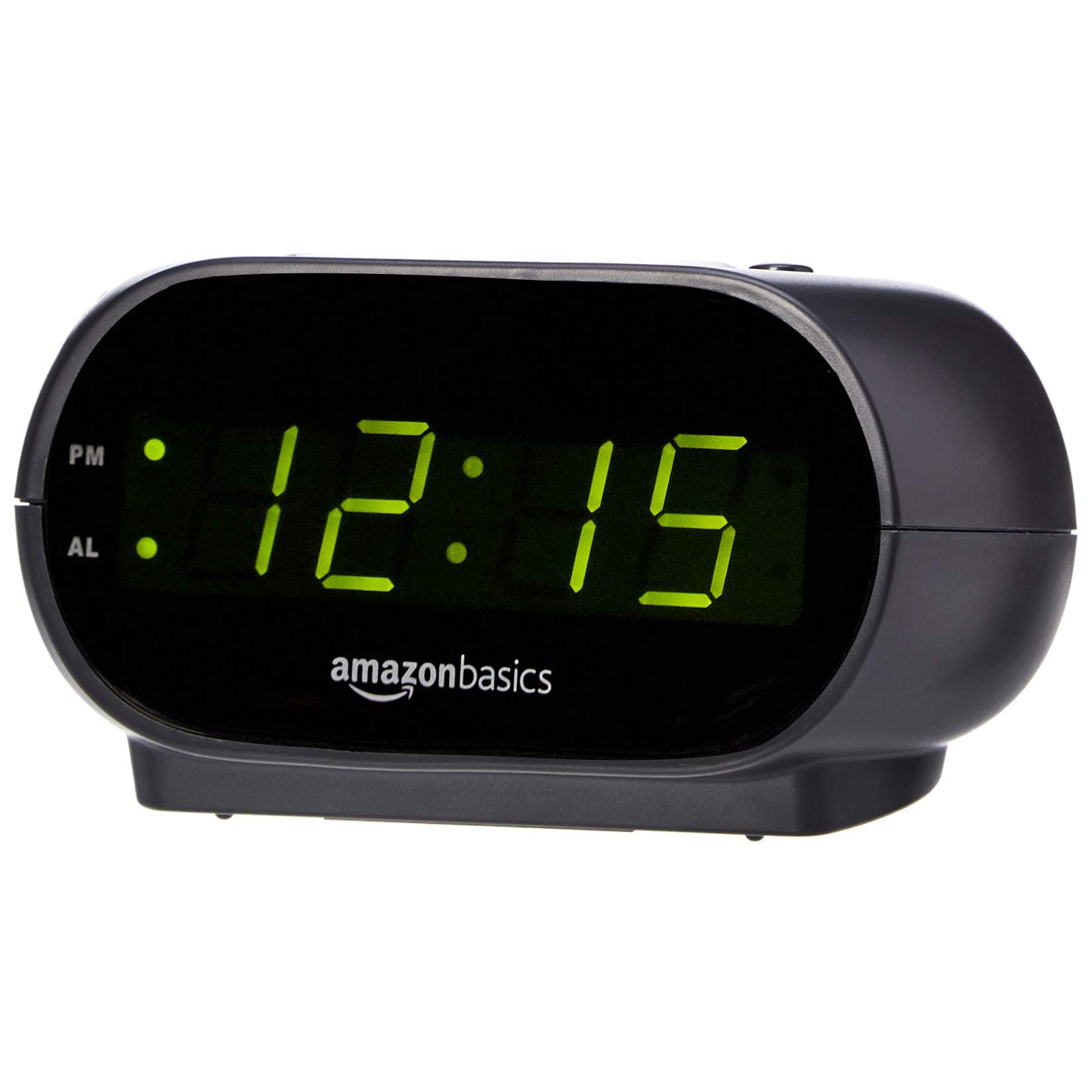 - Amazon Basics Small Digital Oval Alarm Clock with LED Display, Nightlight, Snooze Function & Battery Backup, Black, 4.5 x 3.5 x 2.4 Inches