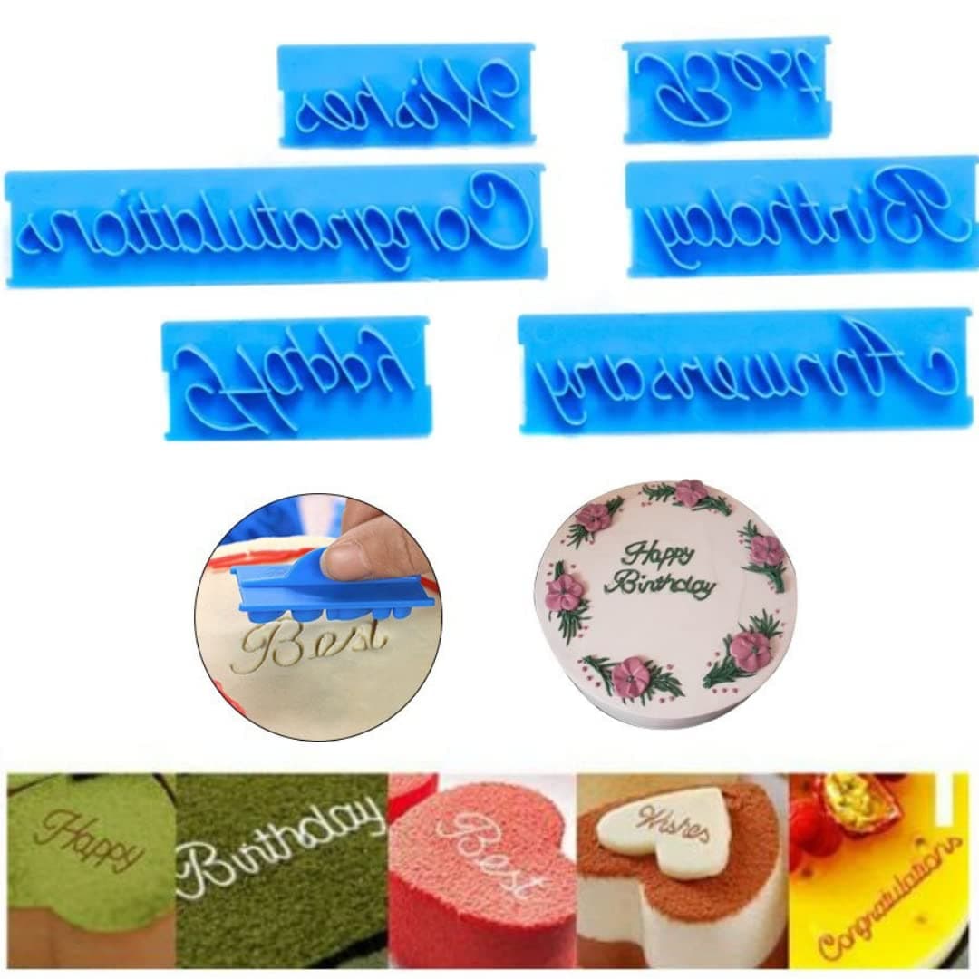 Skytail 6pcs/Set Blessing Plastic Alphabet Letters Mold Handwriting Biscuit Stamp Cookie Cutter Handmade Happy Birthday Cake Fondant Chocolate Embosser DIY Baking Pastry Cupcakes Decorating Tool.