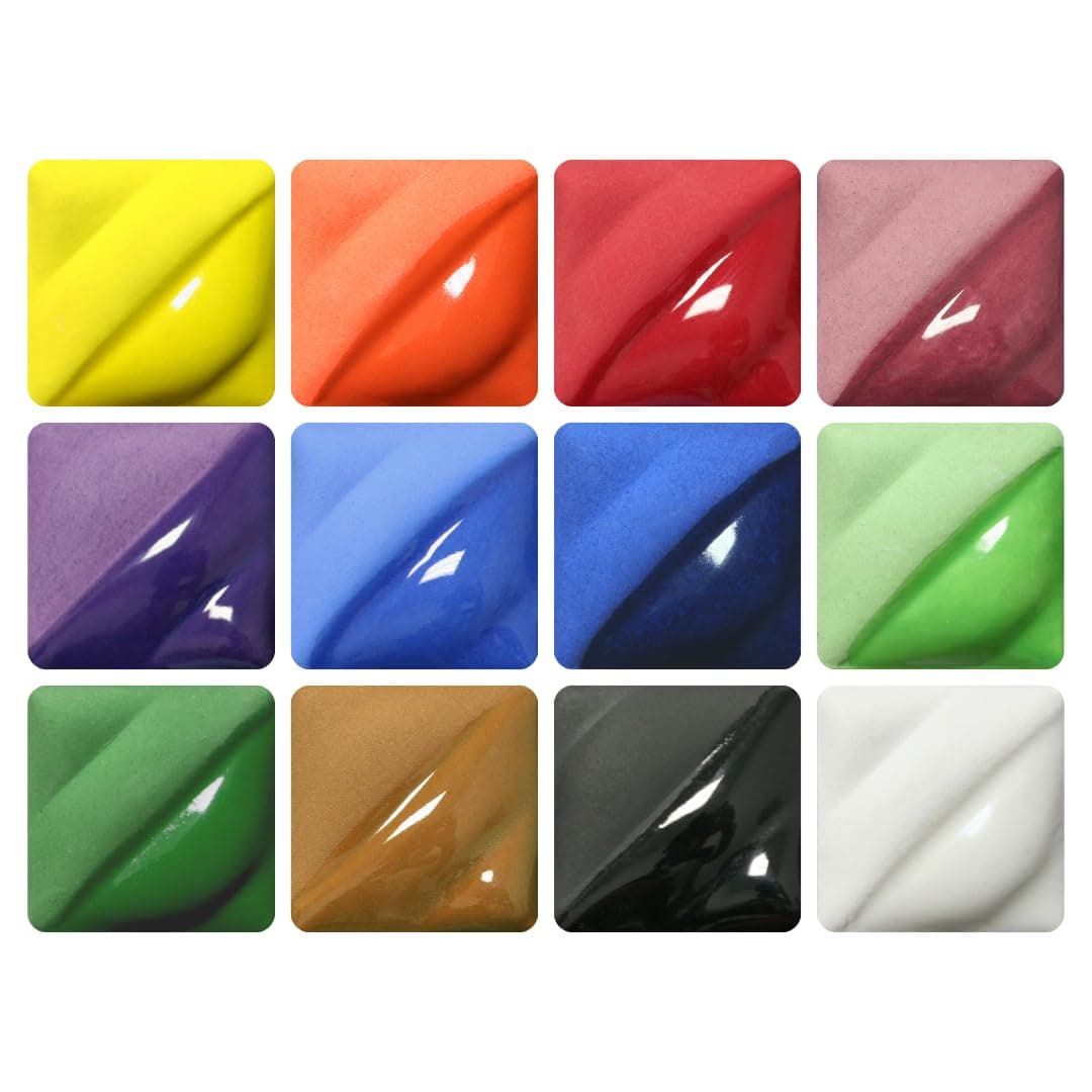 Velvet Underglazes 12-Count Set No. 4, 12 Assorted Colors in 2 oz. (59 mL) Jars, Cone 05-10 (V) Intermixable Liquid Ceramic Pottery Underglazes for Bisque and Wet/Unfired Clay
