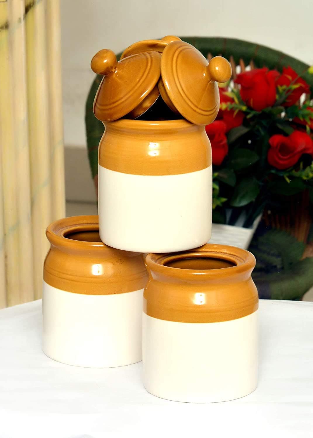 Ceramic 300 ml Pickle Jar Set of 3. Container for Kitchen Storage, Jars Set for Dining Table. (3) Set of 3